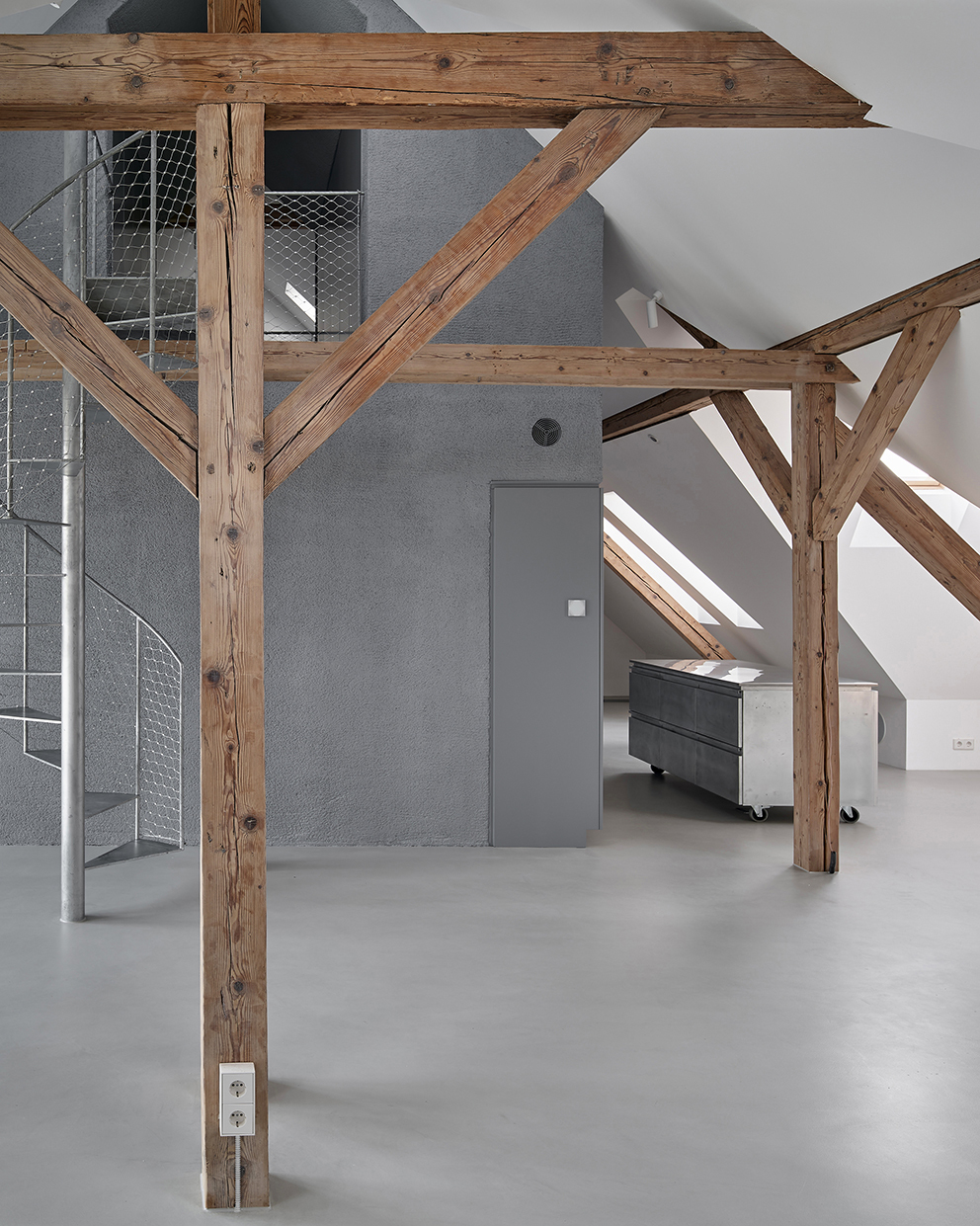 Grey freestanding volume with flush door beneath timber roof structure and adjacent wire mesh staircase