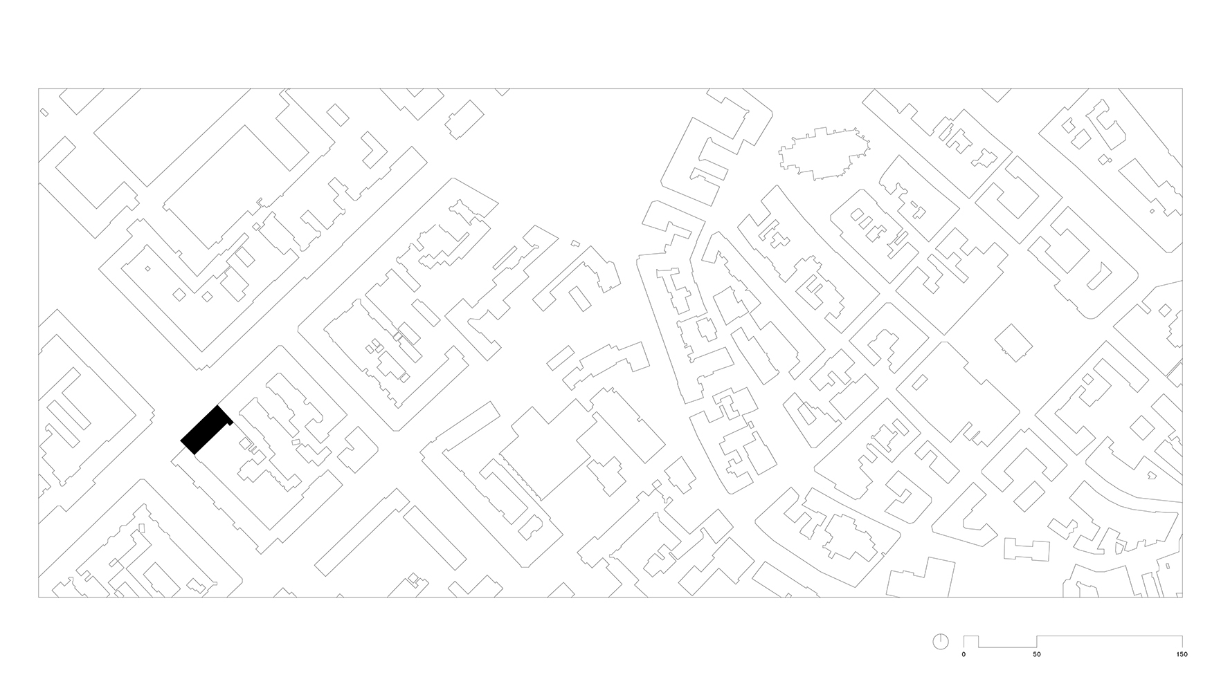 Site plan drawing showing single building footprint highlighted in black within surrounding urban fabric