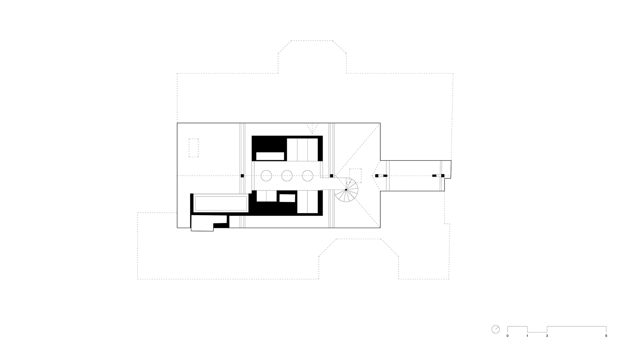 Floor plan drawing showing a rectangular volume with a central service core and curved stair