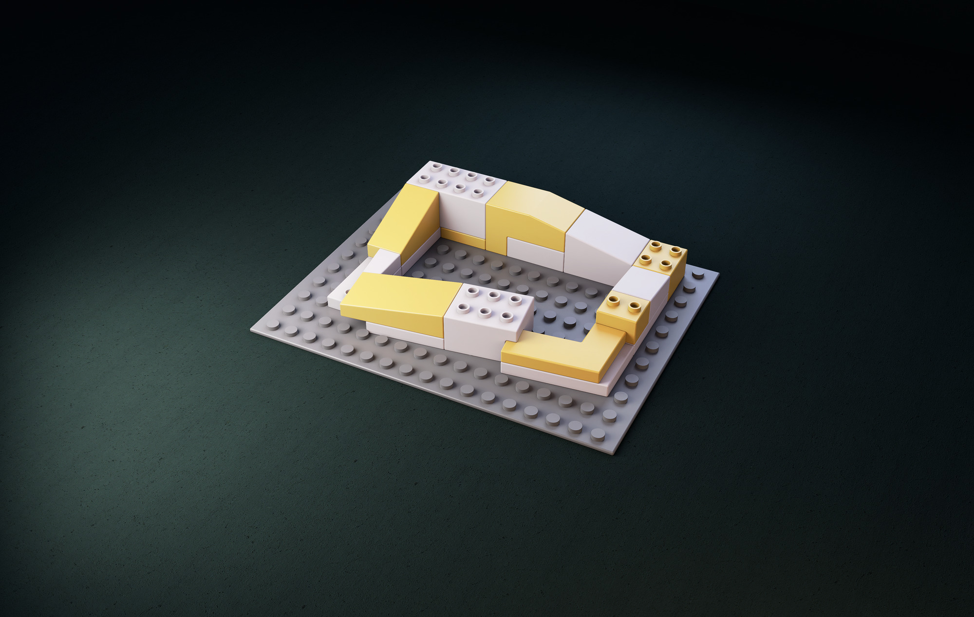 Isometric model showing a courtyard plan with yellow and white building blocks arranged around central space