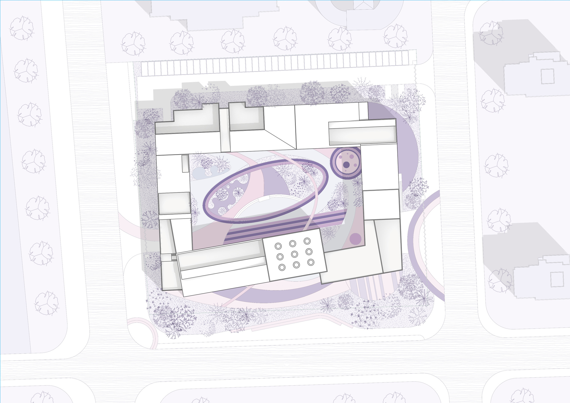 Site plan drawing showing oval courtyard with surrounding building blocks and trees in purple tones