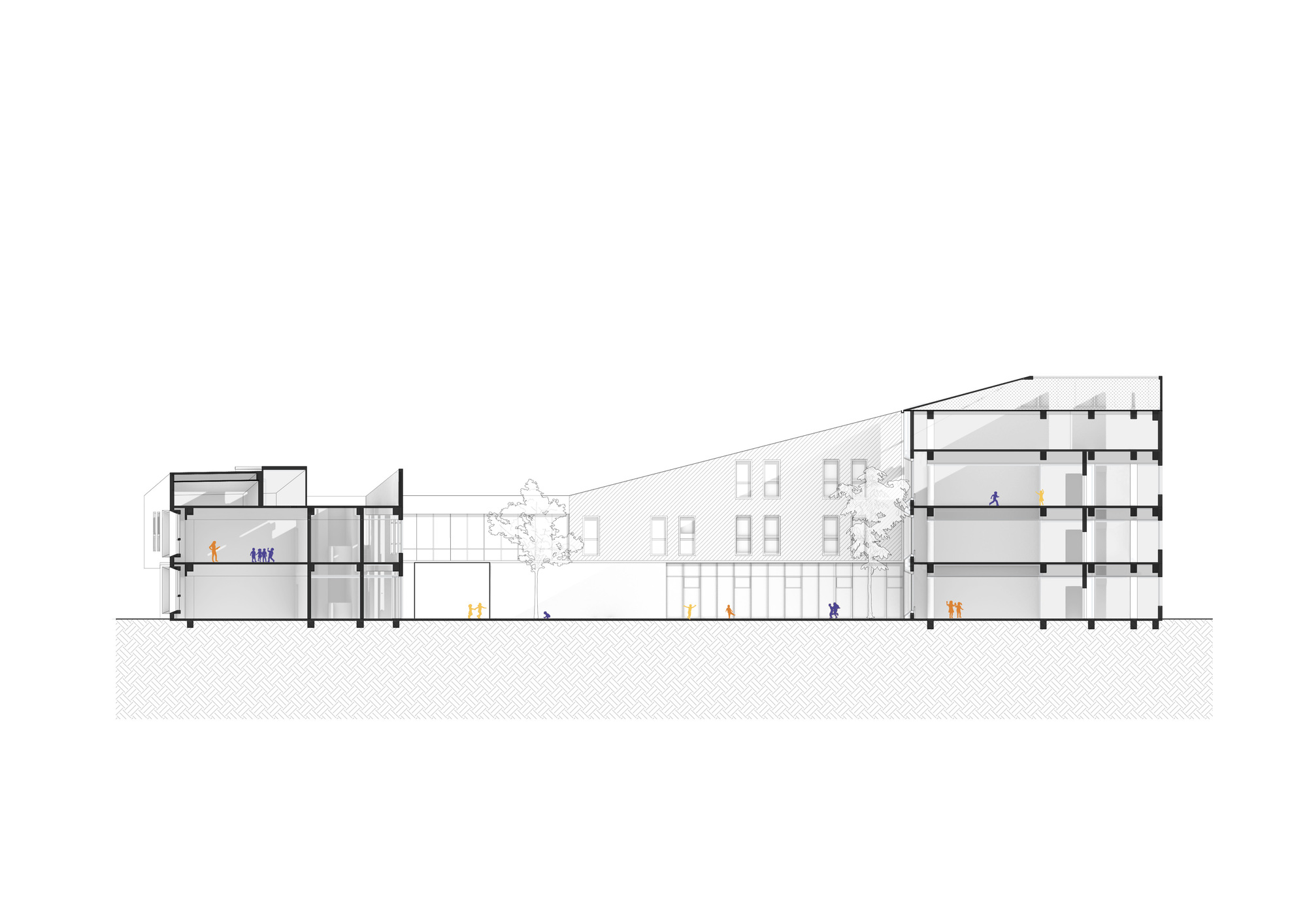 Section drawing through the courtyard showing two flanking multi-story wings with figure silhouettes and trees between