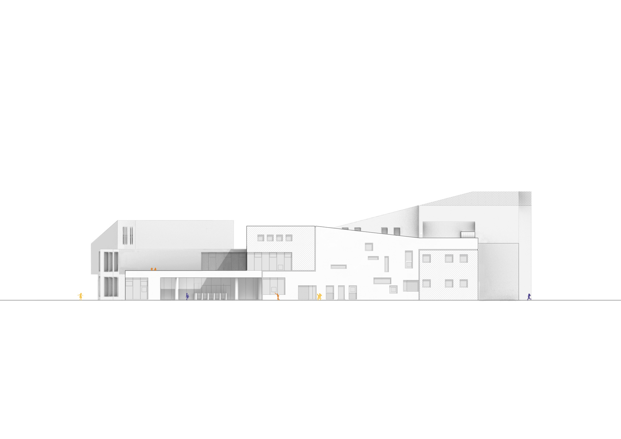 Elevation drawing of the white facade with varied window openings and scale figures along the base