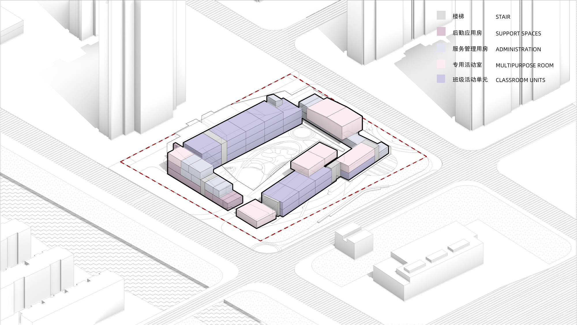 Axonometric drawing showing a school building with colored volumes indicating classroom units and multipurpose spaces around a central courtyard