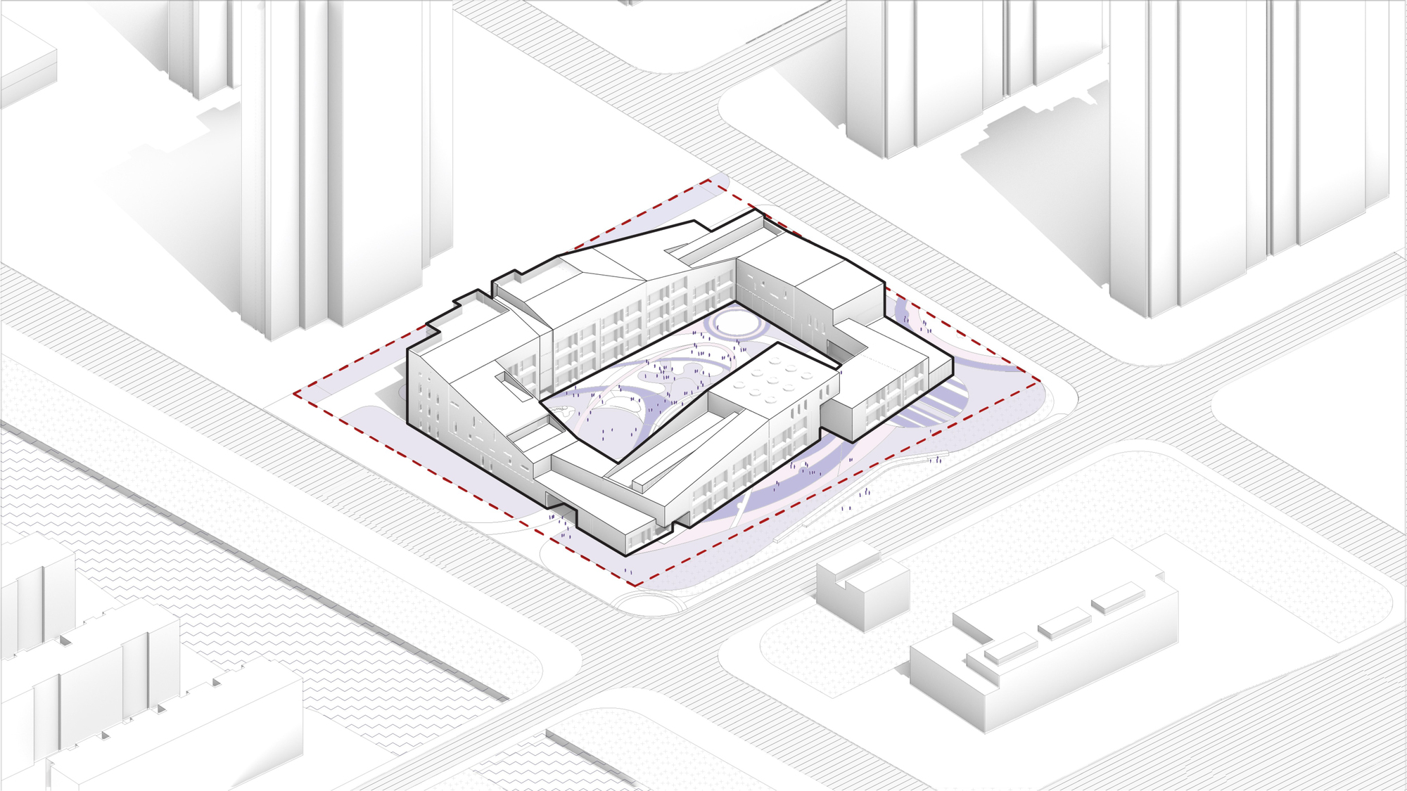 Axonometric cutaway drawing revealing interior corridors and a central courtyard within the perimeter block