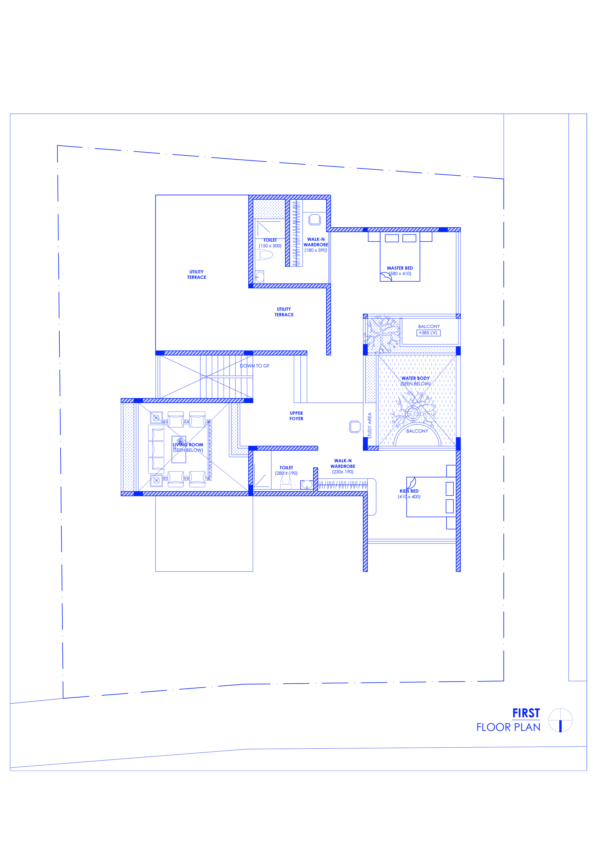 First floor plan drawing showing bedroom wing, roof terraces, and open balcony areas with hatched infill