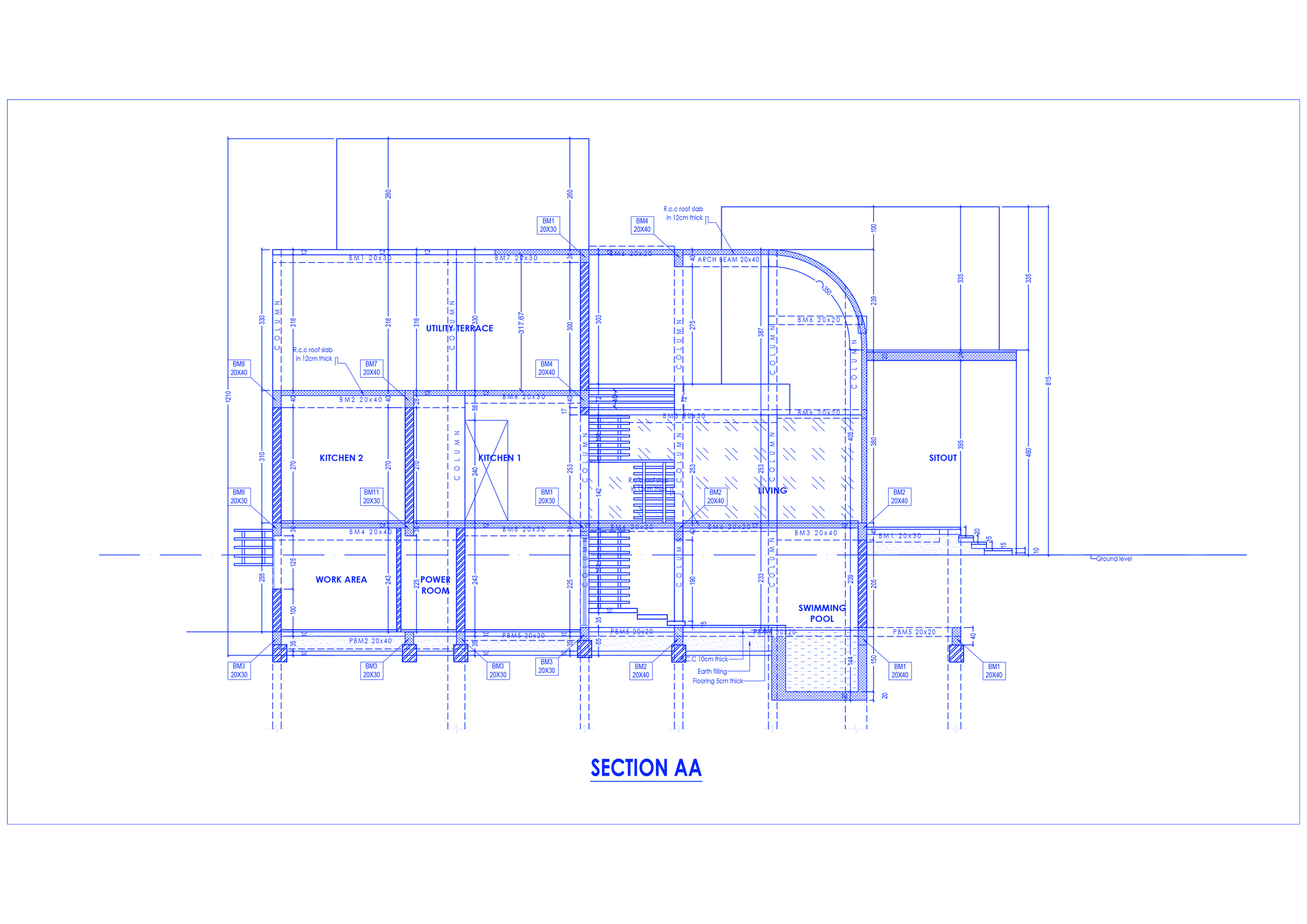 Section drawing showing work areas, kitchen, living space, and staircase arrangement across multiple levels