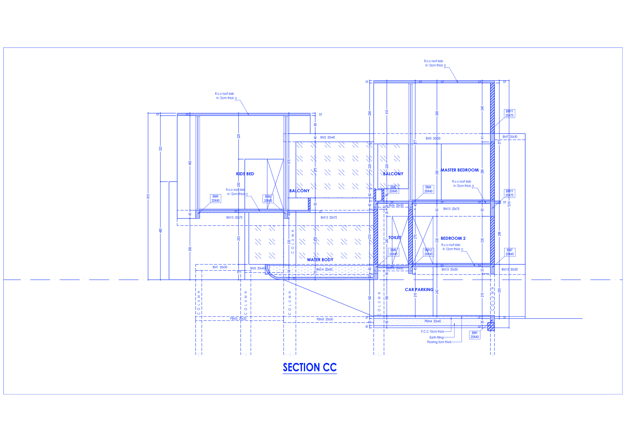 Section drawing depicting bedrooms, balcony, and bathroom layout with roof structure above