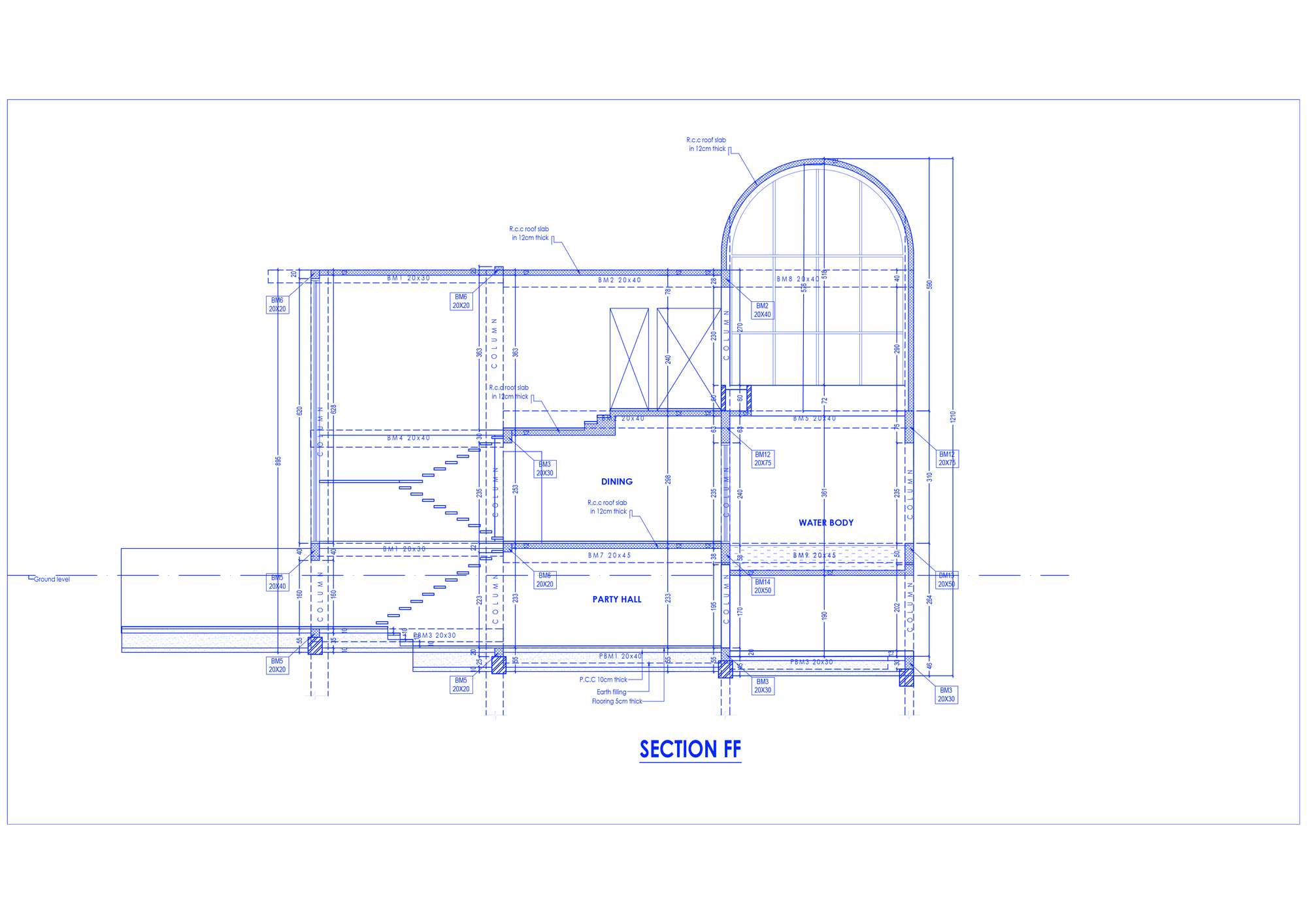 Section drawing illustrating dining area, party hall, and arched ceiling volume with staircase