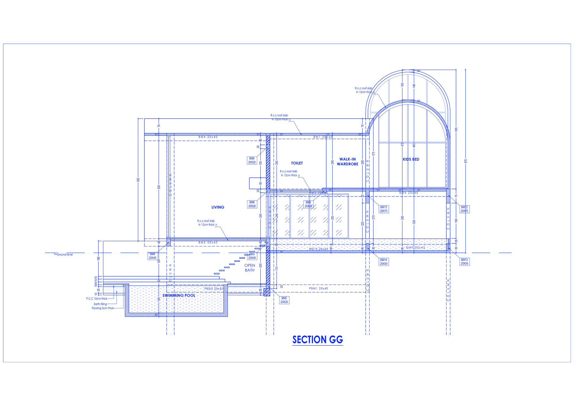 Section drawing revealing living space, bedroom, swimming pool, and arched openings