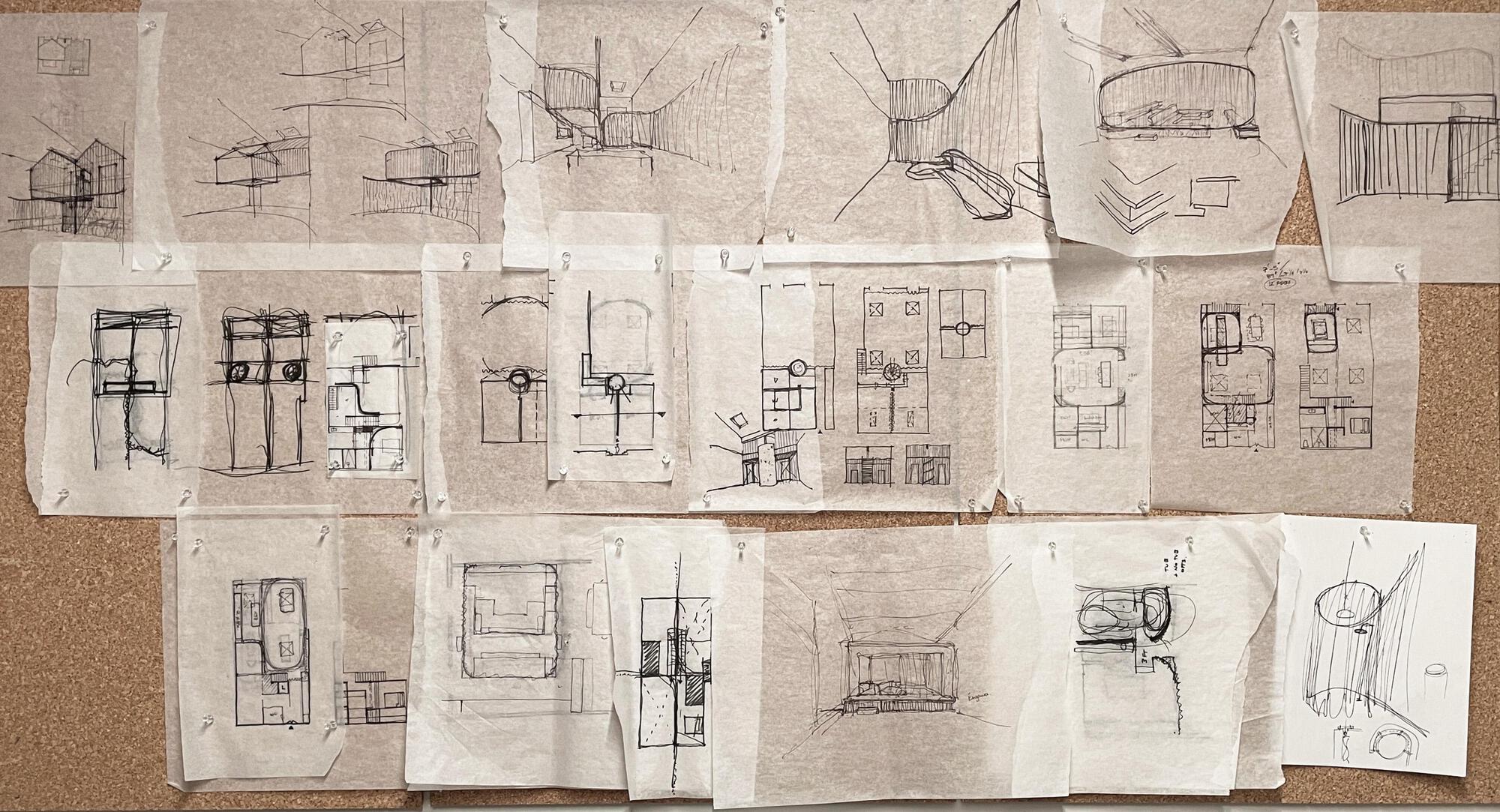 Collection of hand-drawn sketches showing floor plans, sections, and perspective studies on tracing paper