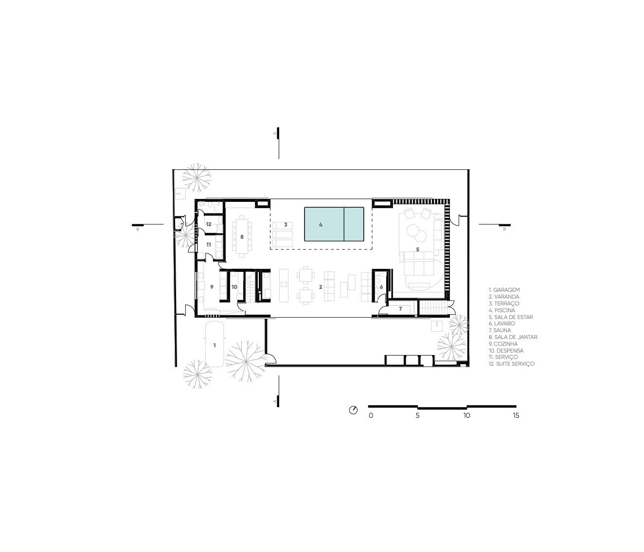 Floor plan drawing showing rectangular layout with central pool, living spaces, and surrounding garden