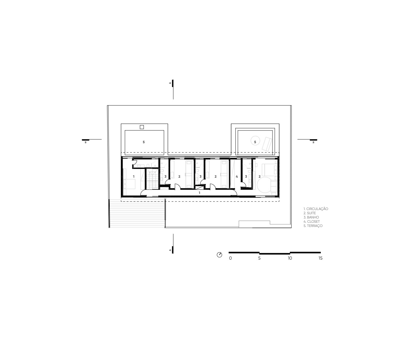 Floor plan showing a linear arrangement of rooms with two courtyards flanking the central spaces