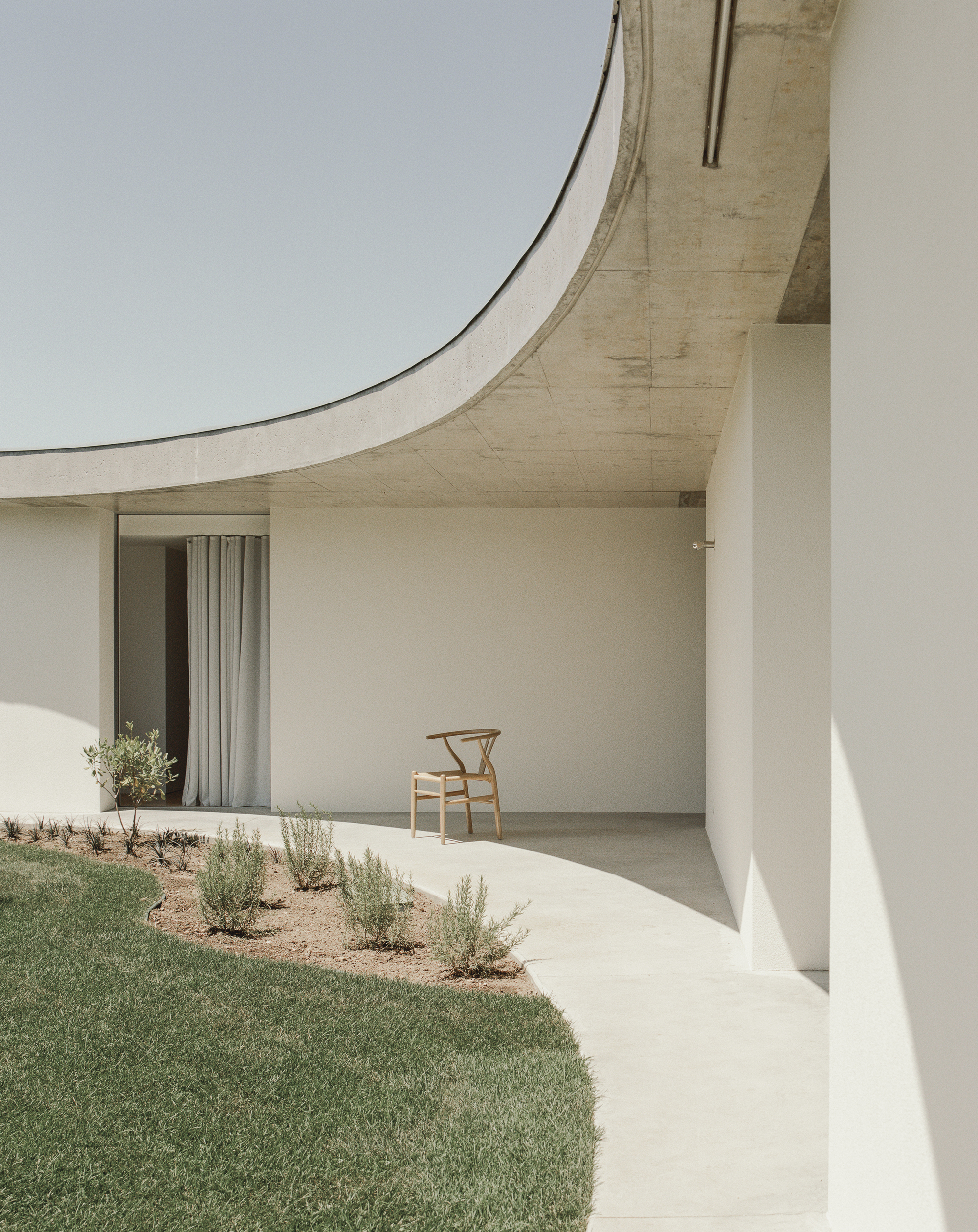 Covered terrace opening with timber chair beside planted bed and curved concrete roof edge