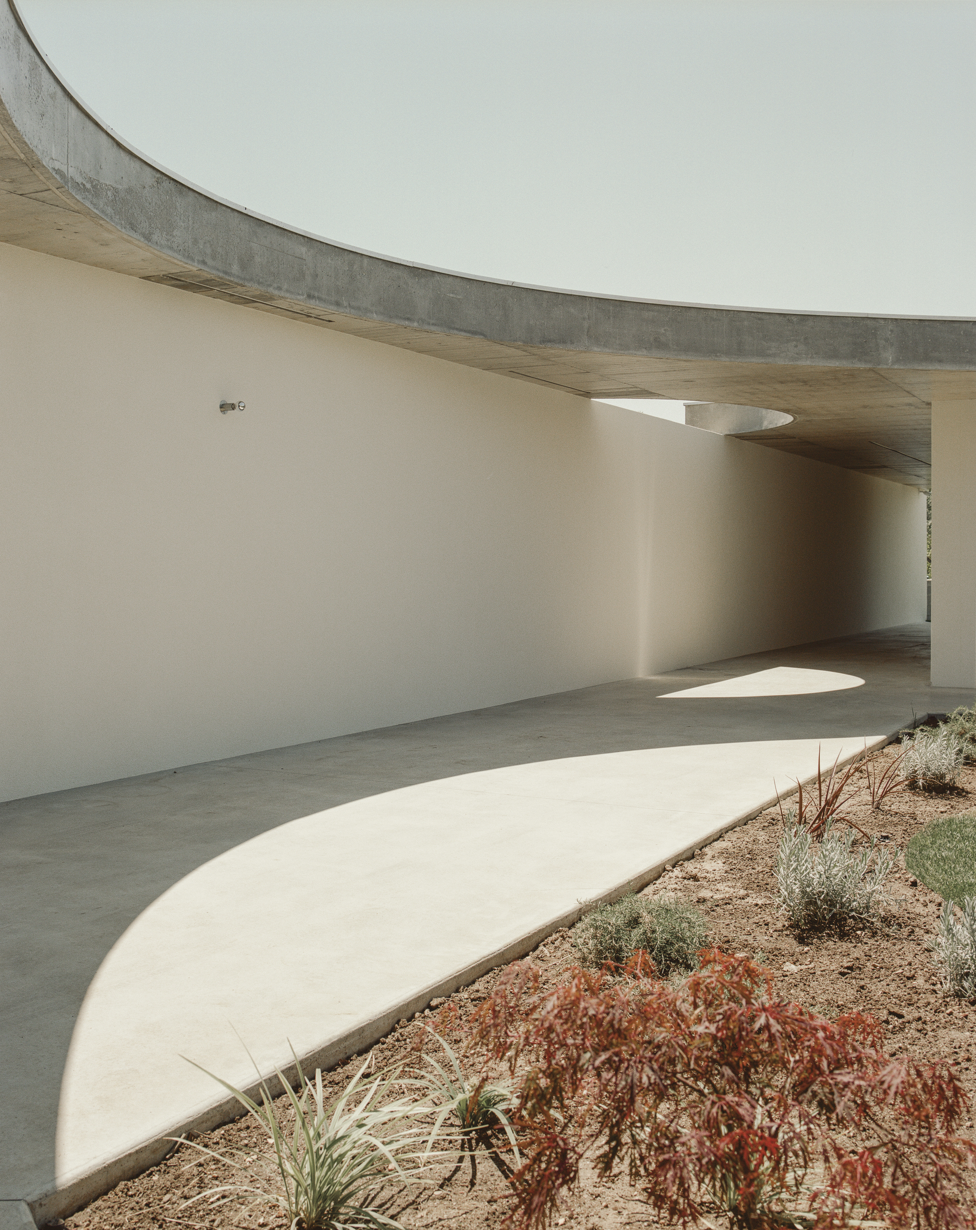 Curving passage beneath board-formed concrete soffit with circular roof openings casting light pools