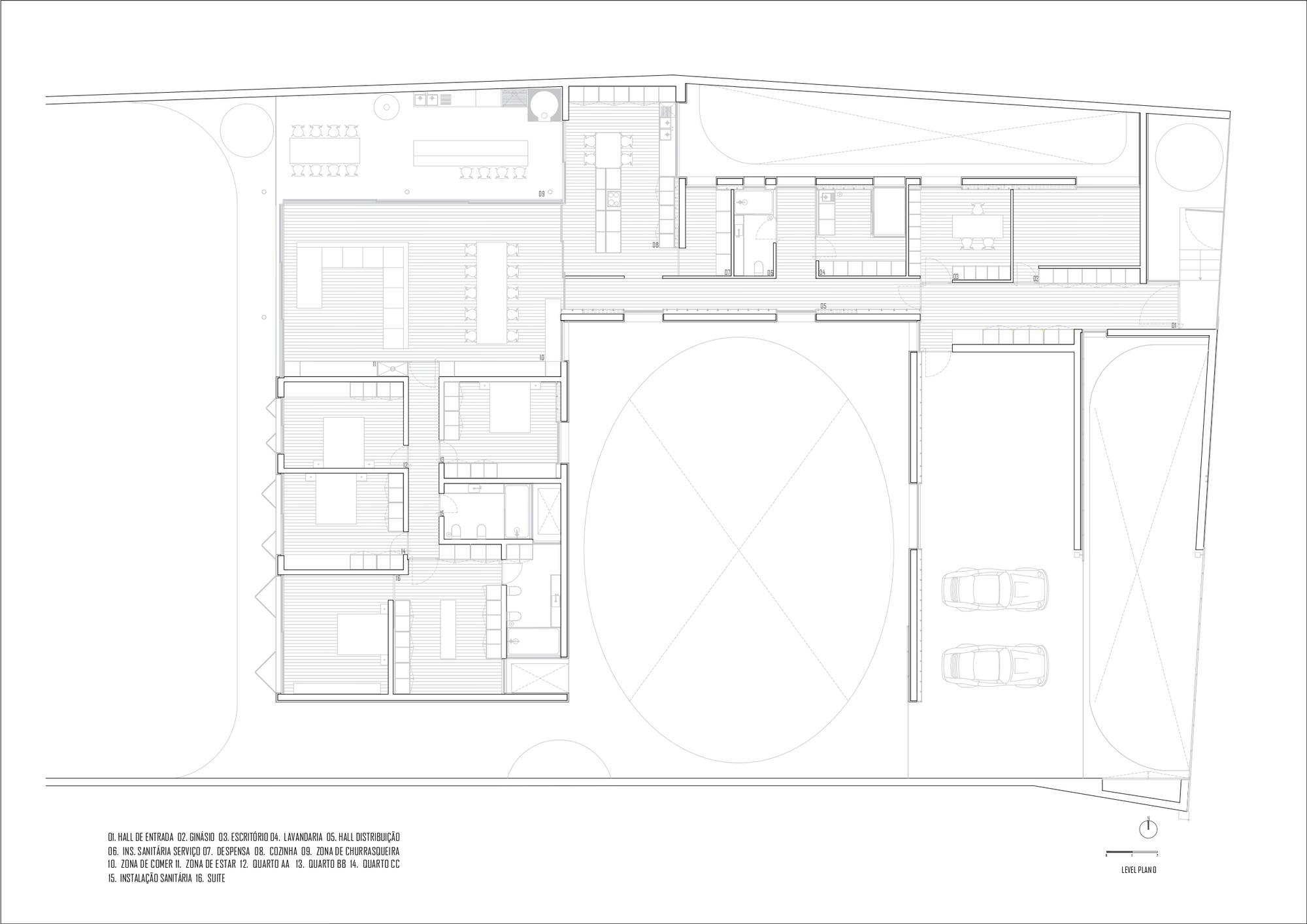 Floor plan drawing showing rooms arranged around a central oval courtyard with adjacent garage