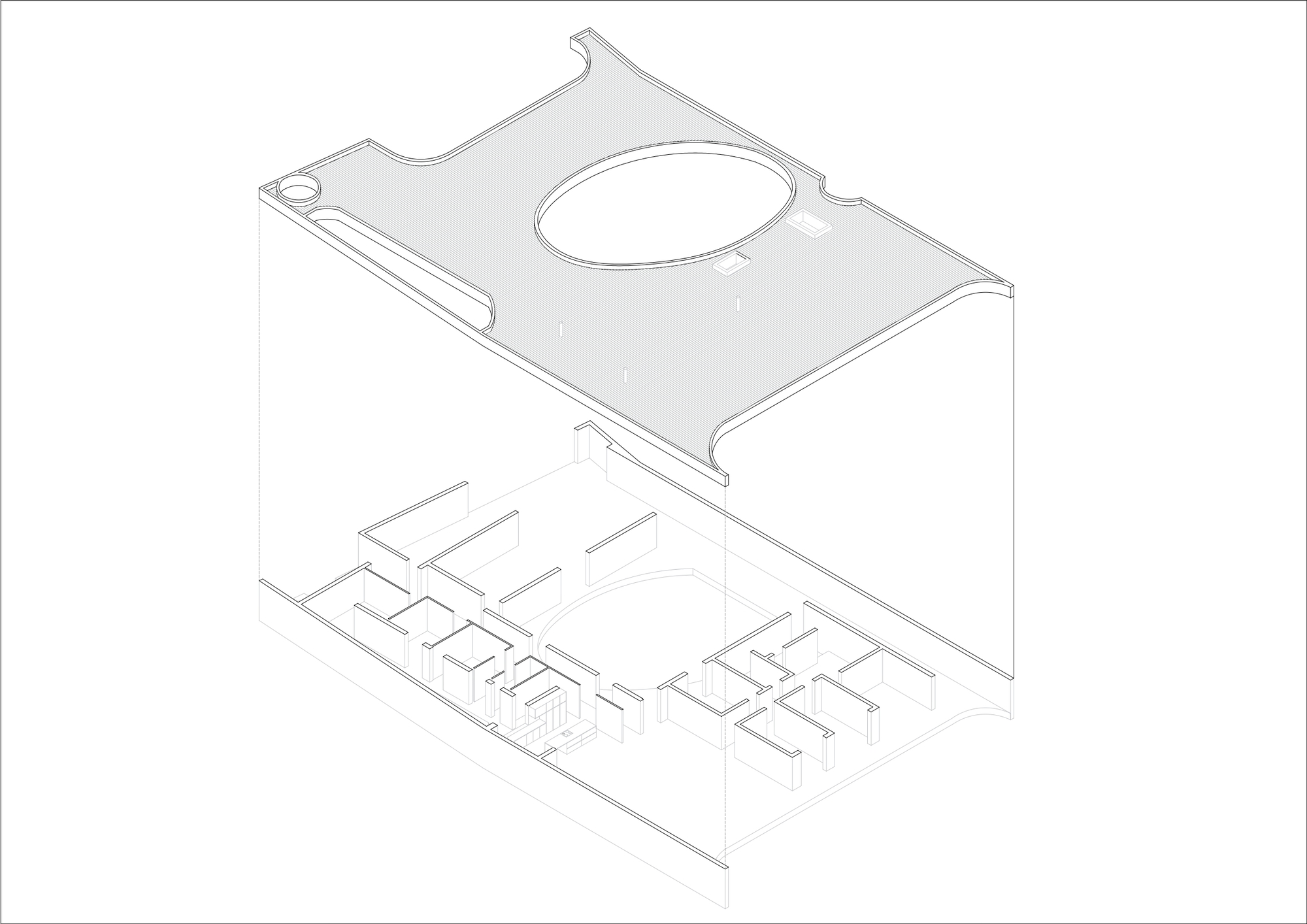 Axonometric drawing showing interior room layout beneath a roof plane with oval opening