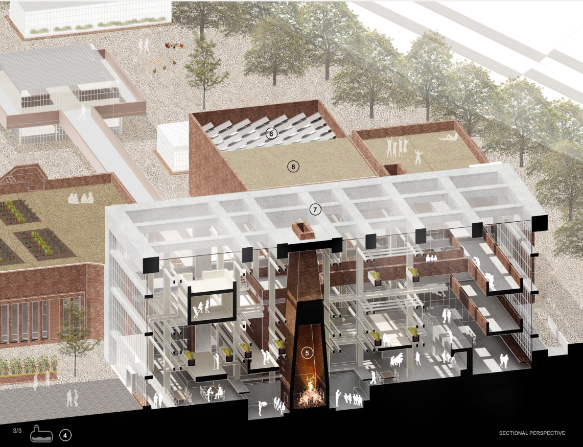 A sectional perspective revealing sustainable school architecture powered by green roofs, solar energy, and interconnected learning spaces.