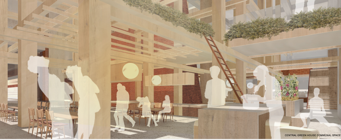 The central greenhouse communal space transforms education into a collaborative, hands-on experience shaped by interaction and nature.