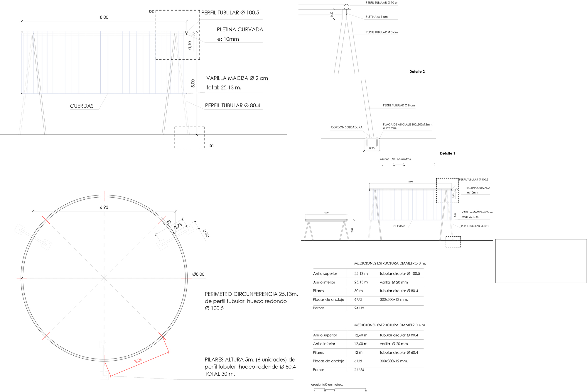 Technical drawing showing plan and section details of circular timber assembly with structural dimensions
