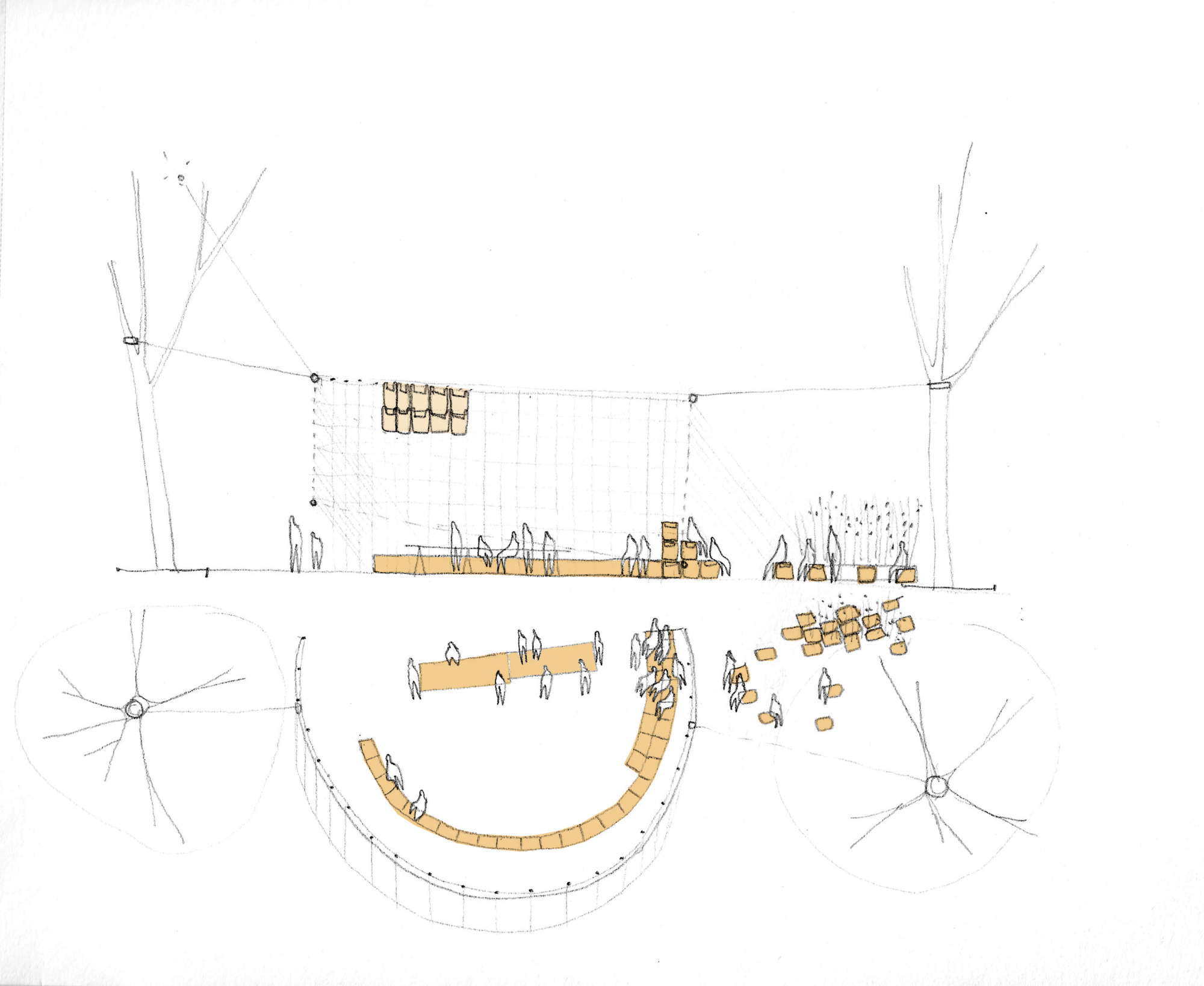 Sketch showing plan and section views of curved seating arrangement with figures and overhead canopy