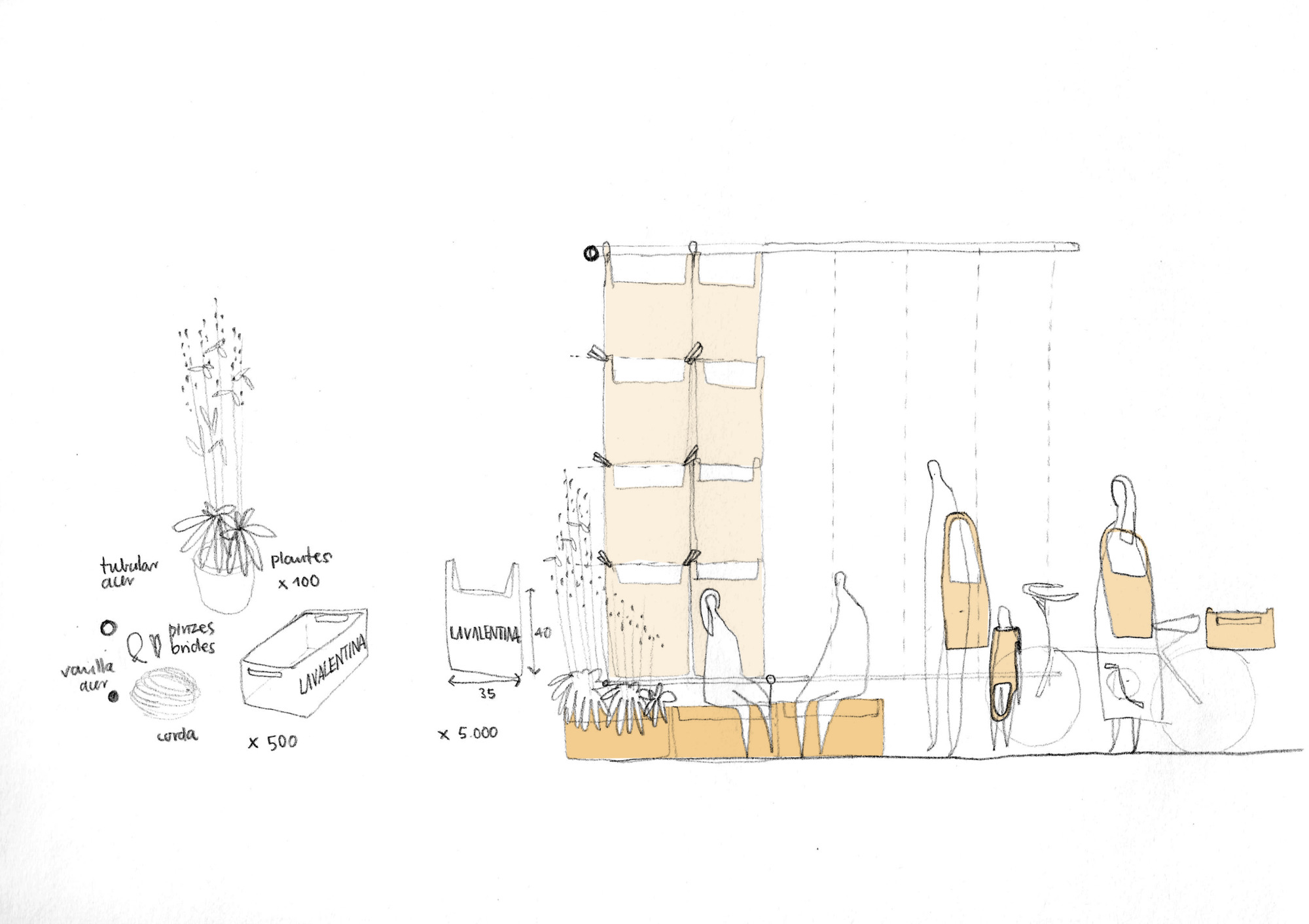 Section sketch depicting vertical canopy support with hanging planters and figures at ground level