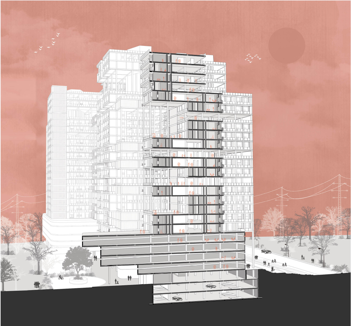 Sectional axonometric illustrating the integration of commercial podium, community terraces, and vertically stacked residential modules.