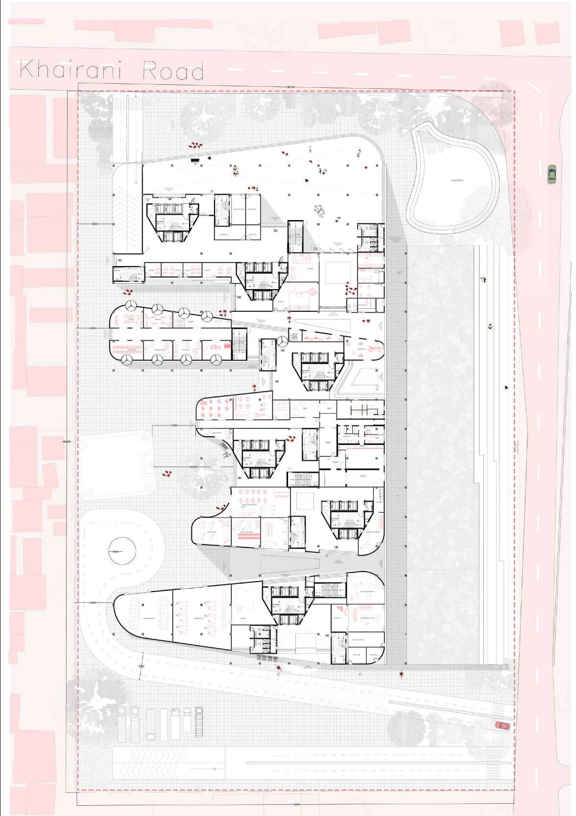 Ground floor plan activating the public realm with commercial zones, circulation networks, and service cores.