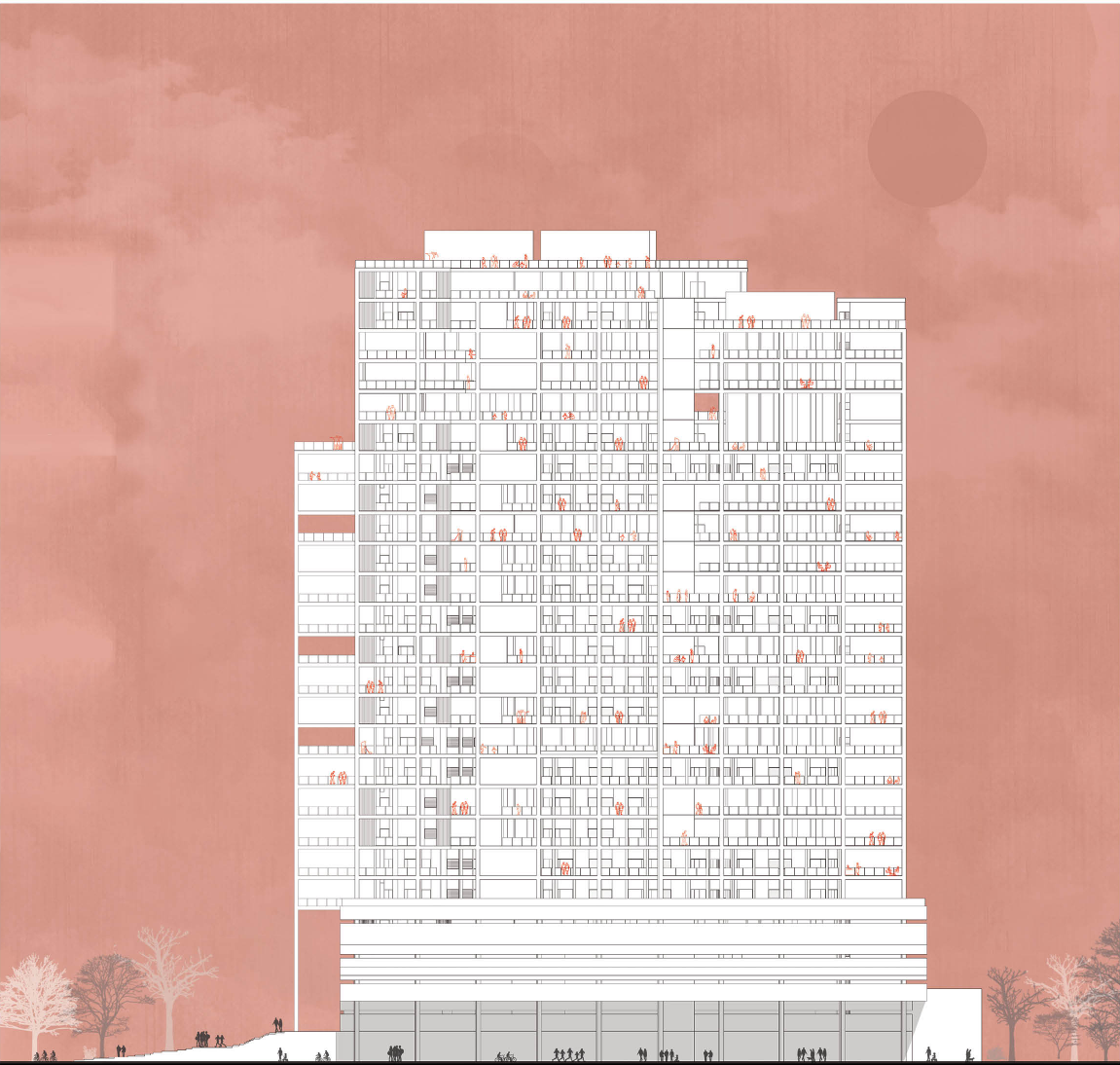 Elevation highlighting modular housing aggregation and the articulation of density through facade variation.
