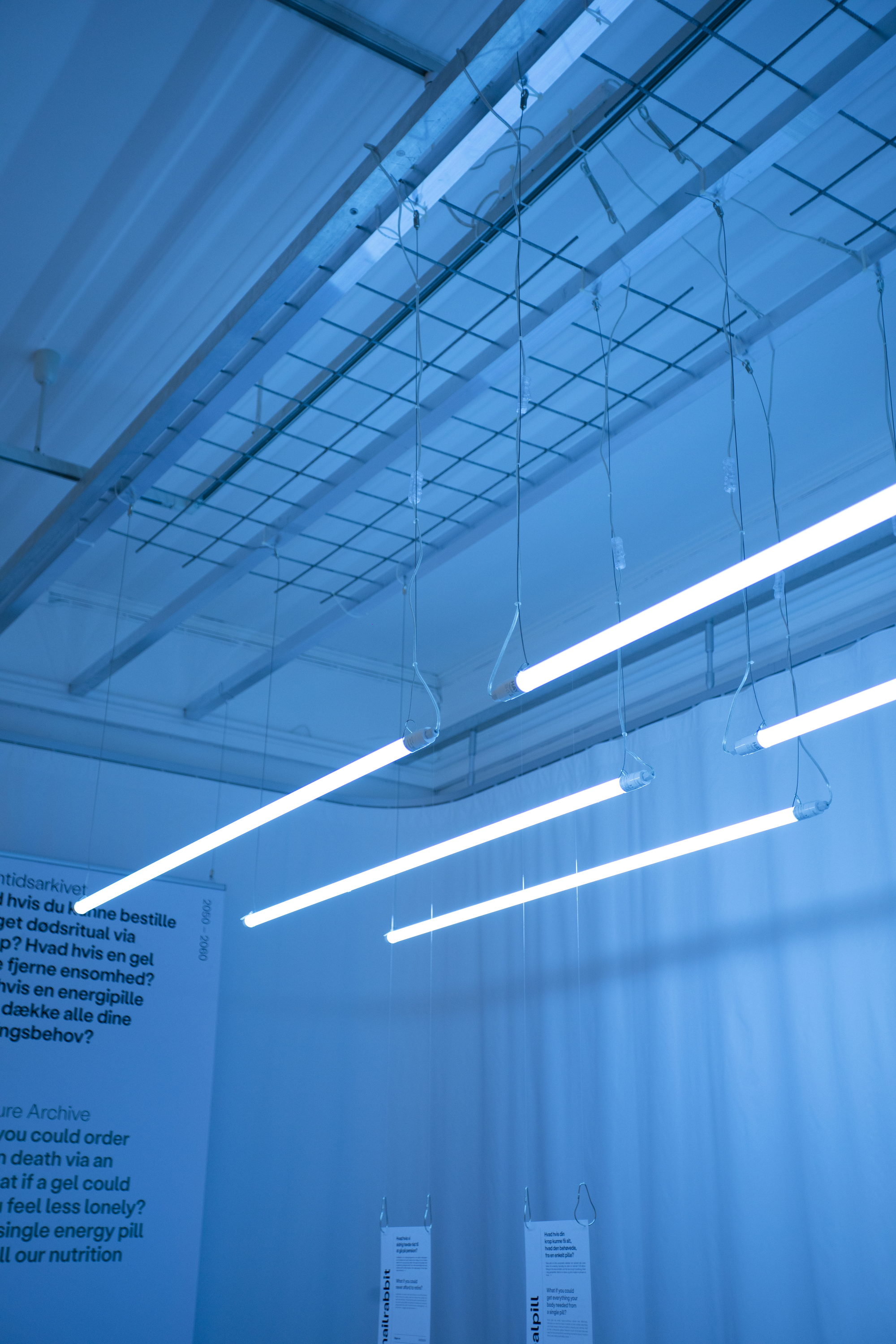 Exposed gridded ceiling with diagonal pendant light tubes and suspended information tags below