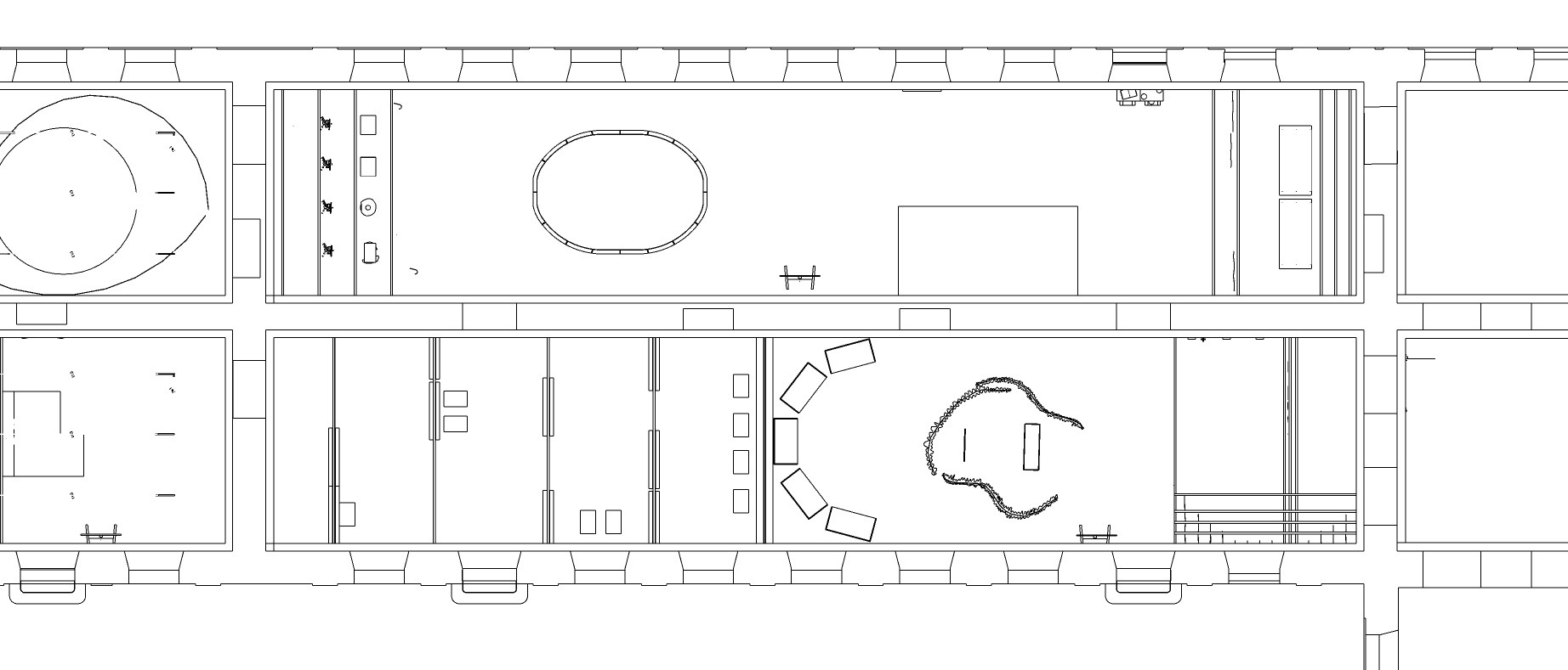 Floor plan drawing showing linear gallery spaces with curved seating area and circular element