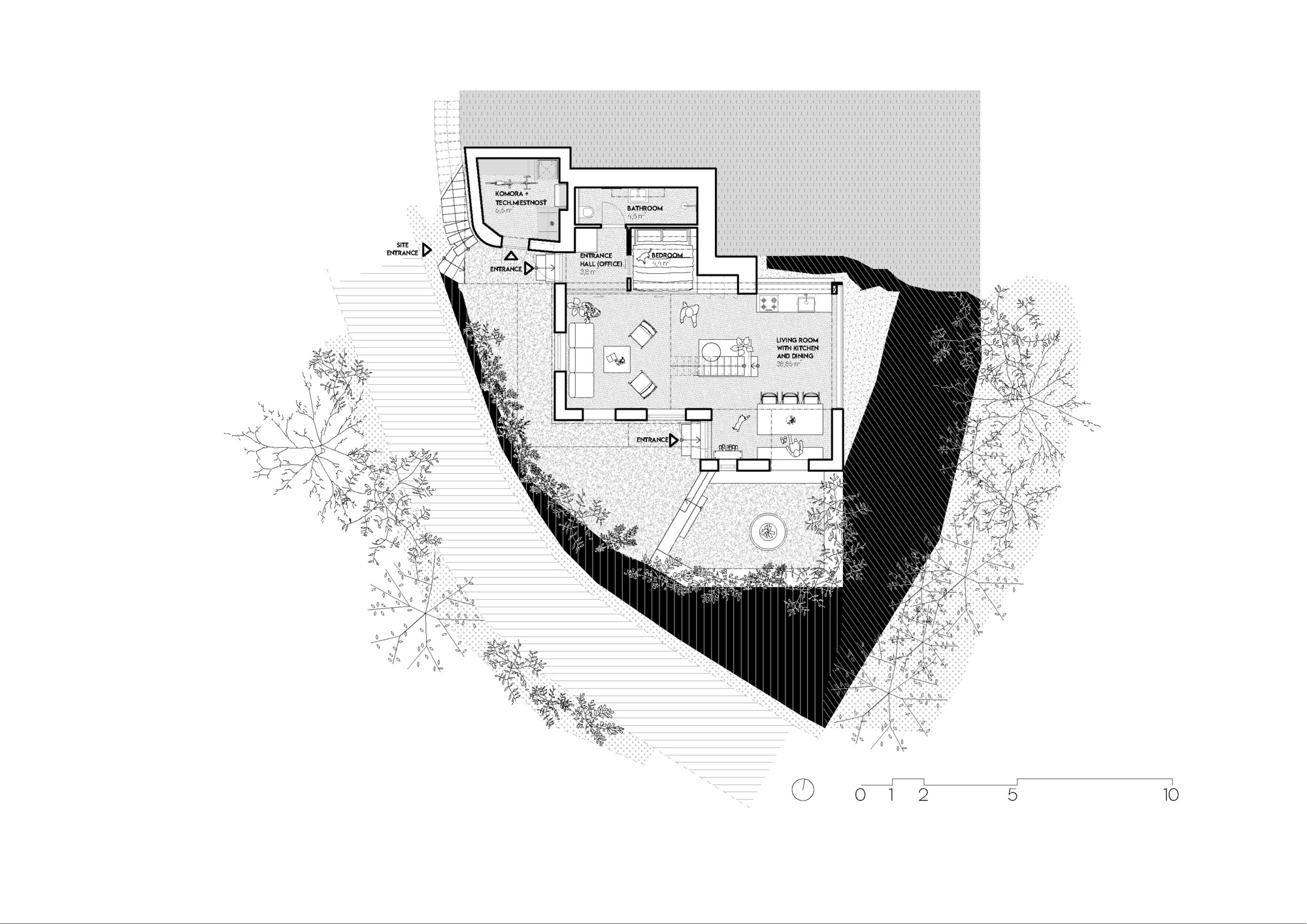 Floor plan drawing showing living spaces with pool and surrounding landscaped areas with trees