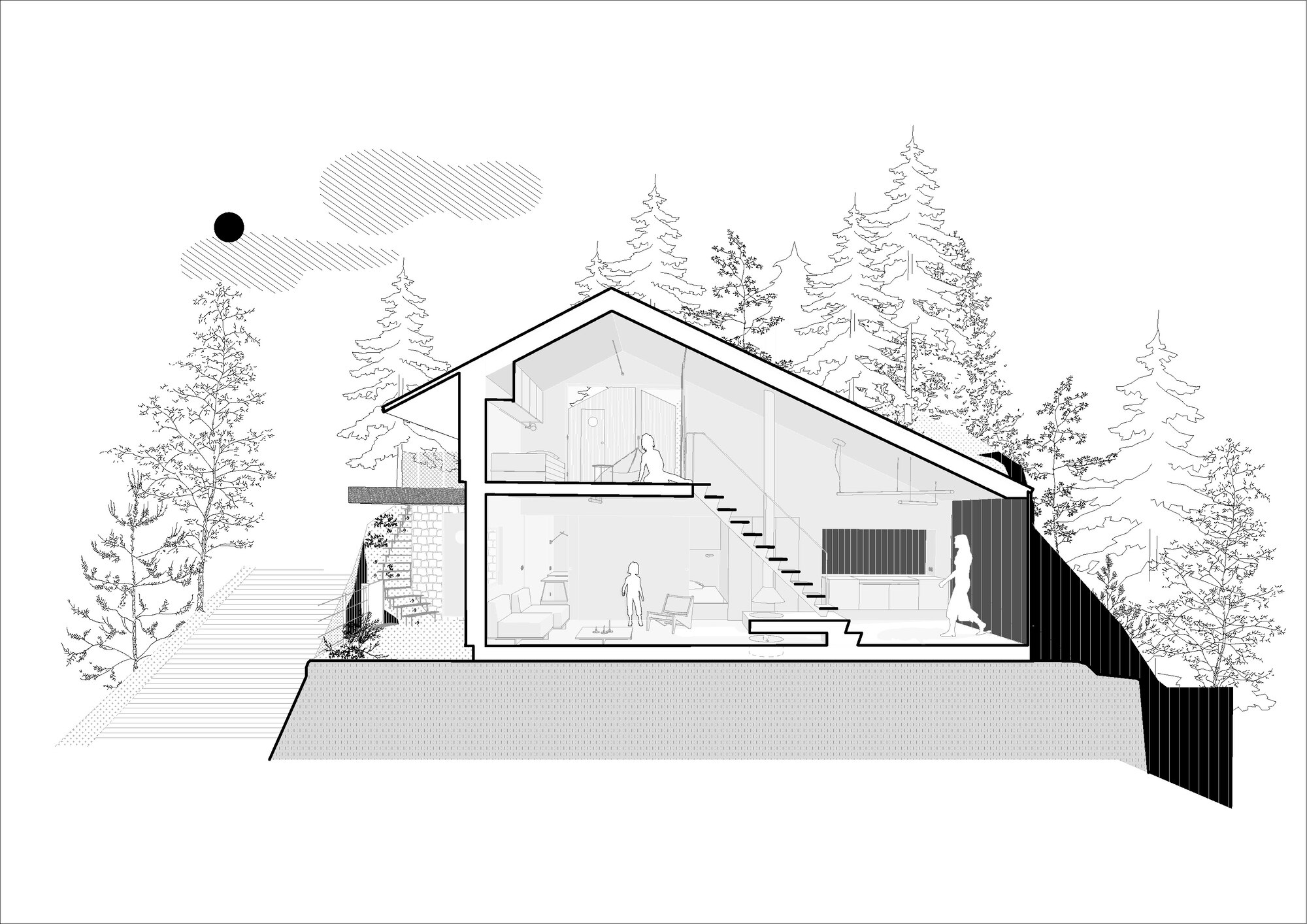 Section drawing showing sloped roof over double-height interior with staircase and surrounding conifers