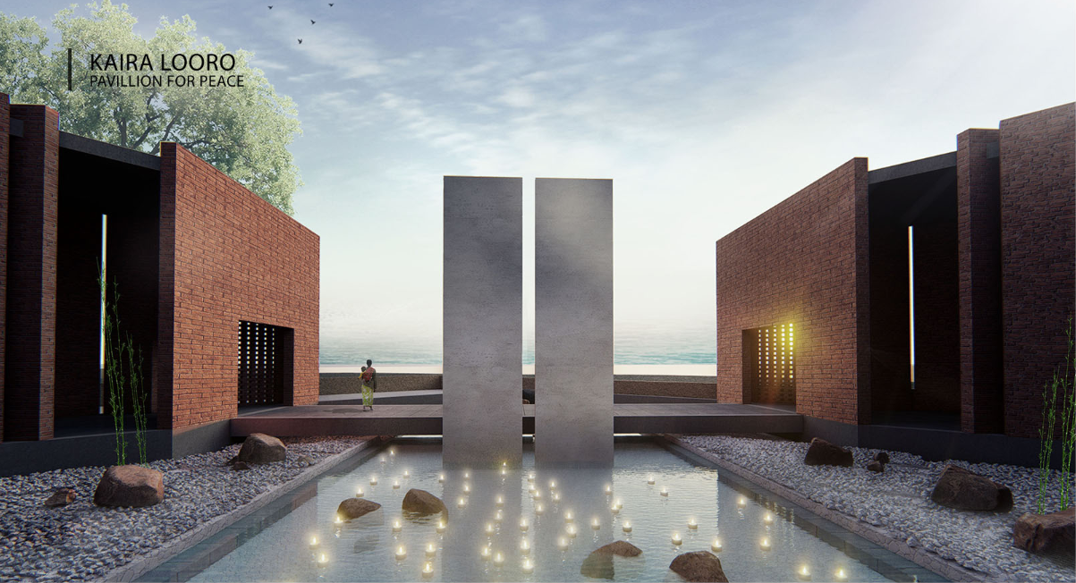 Central water court with vertical elements, evoking stillness, reflection, and symbolic balance.