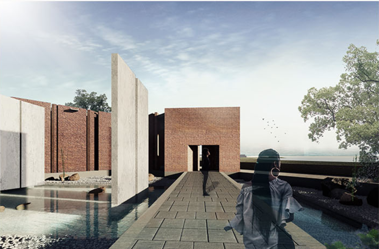 Processional walkway framing water and sky, leading visitors through a sequence of introspective spaces.