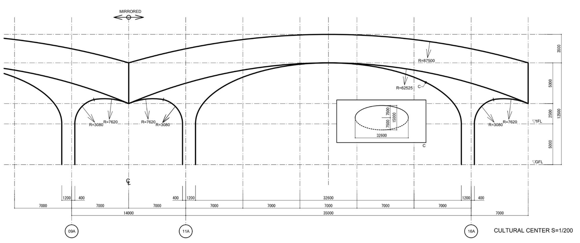 Section drawing showing arched roof trusses spanning across a central hall with symmetrical bays