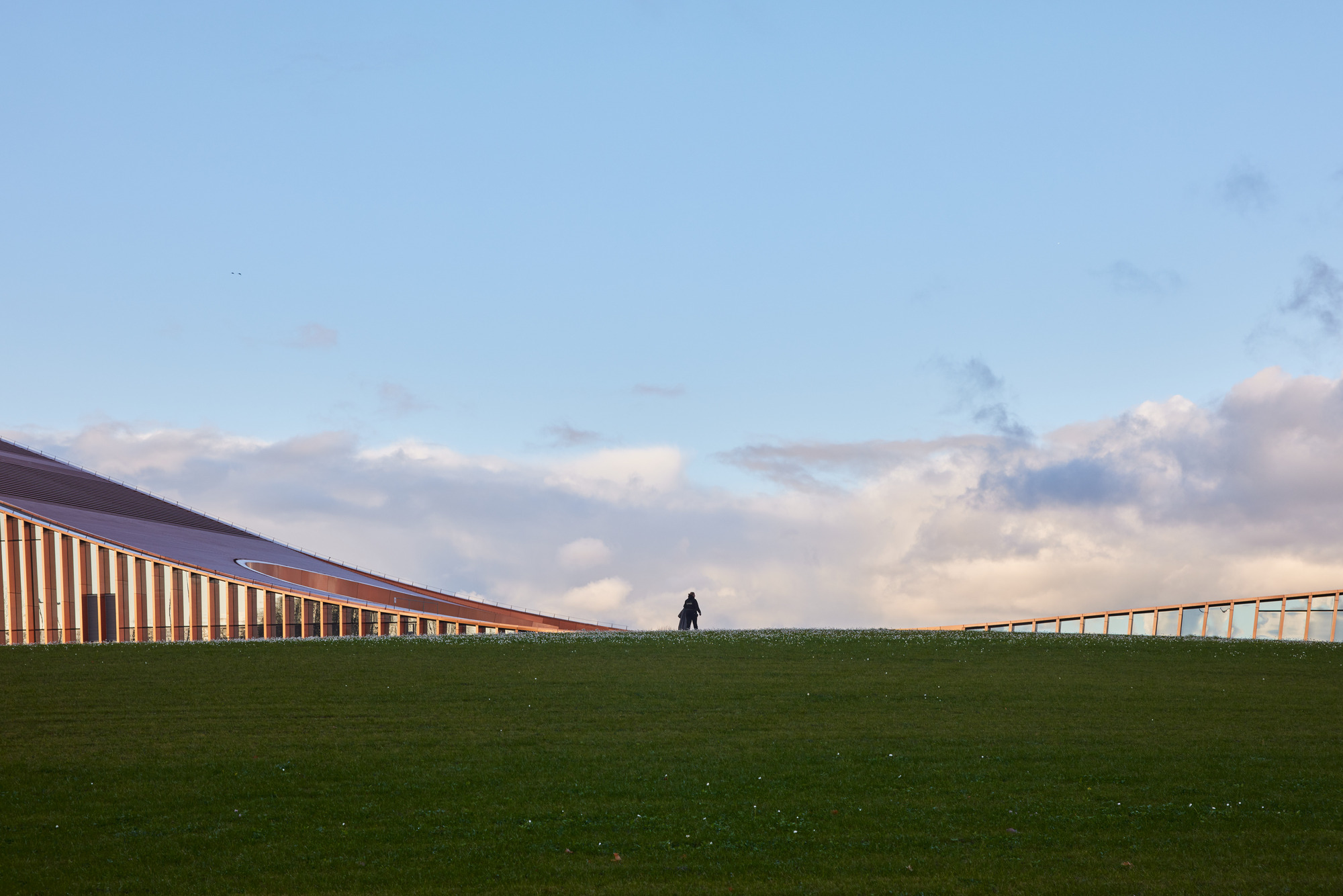 Grass-covered roof plane with a lone figure walking at dusk along the horizon