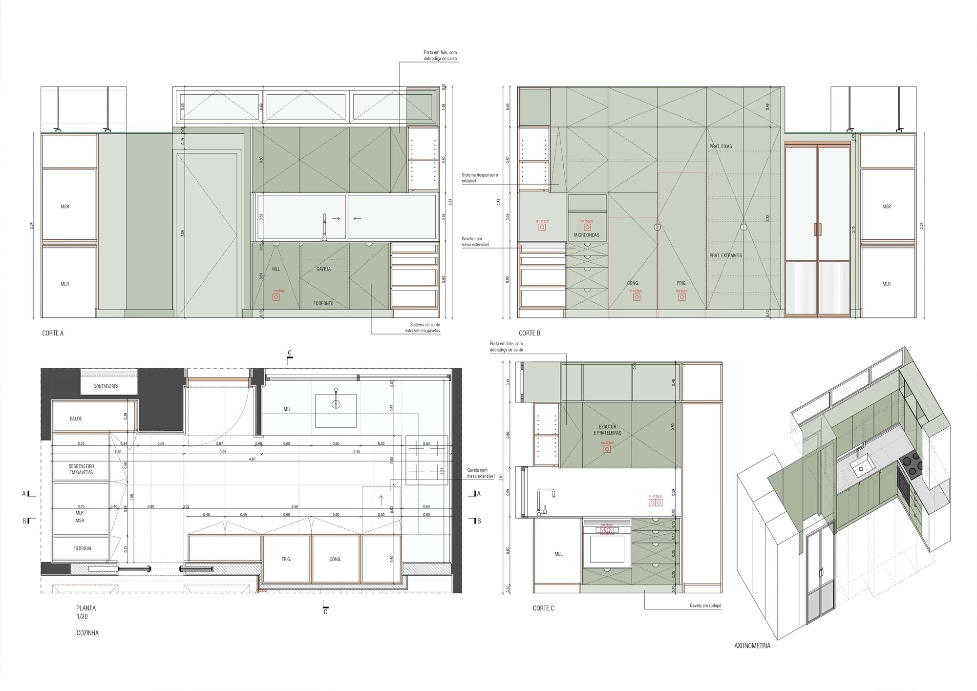 Composite sheet showing plan, section, elevation and axonometric drawings of millwork with green-toned paneling and cabinetry