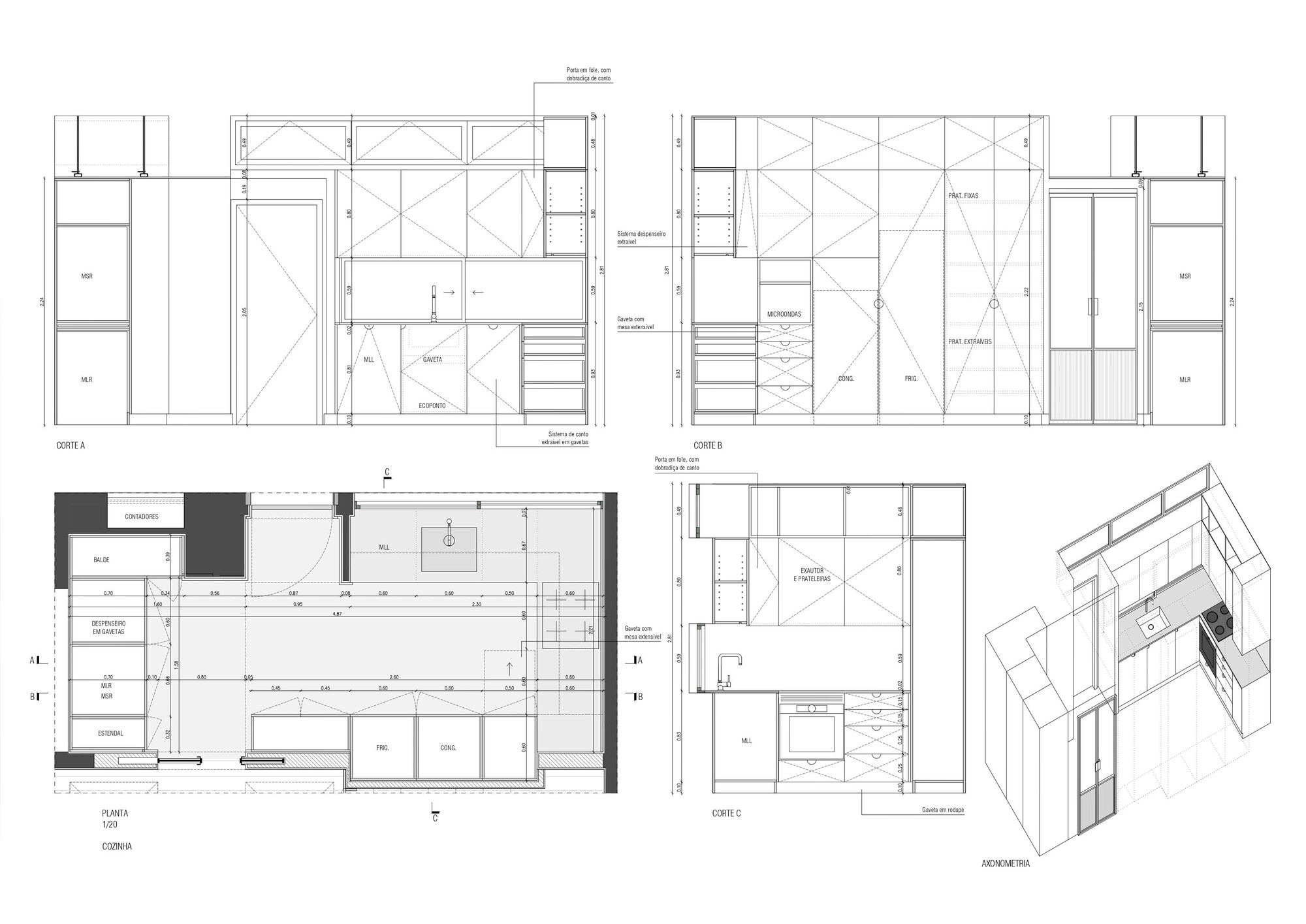 Composite architectural drawing showing elevations, section, plan and isometric view of built-in joinery with light-colored panels