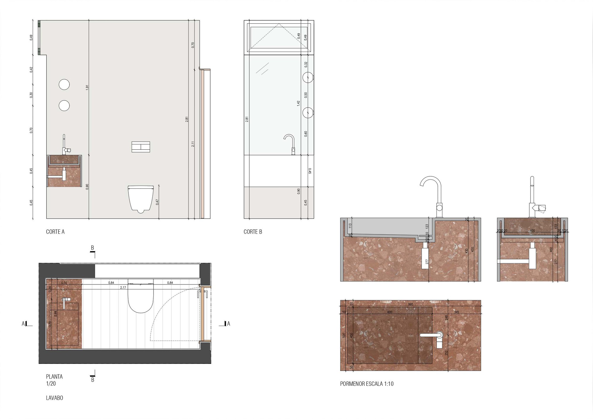 Bathroom plan and section drawings with terracotta tile vanity wall and fixture details