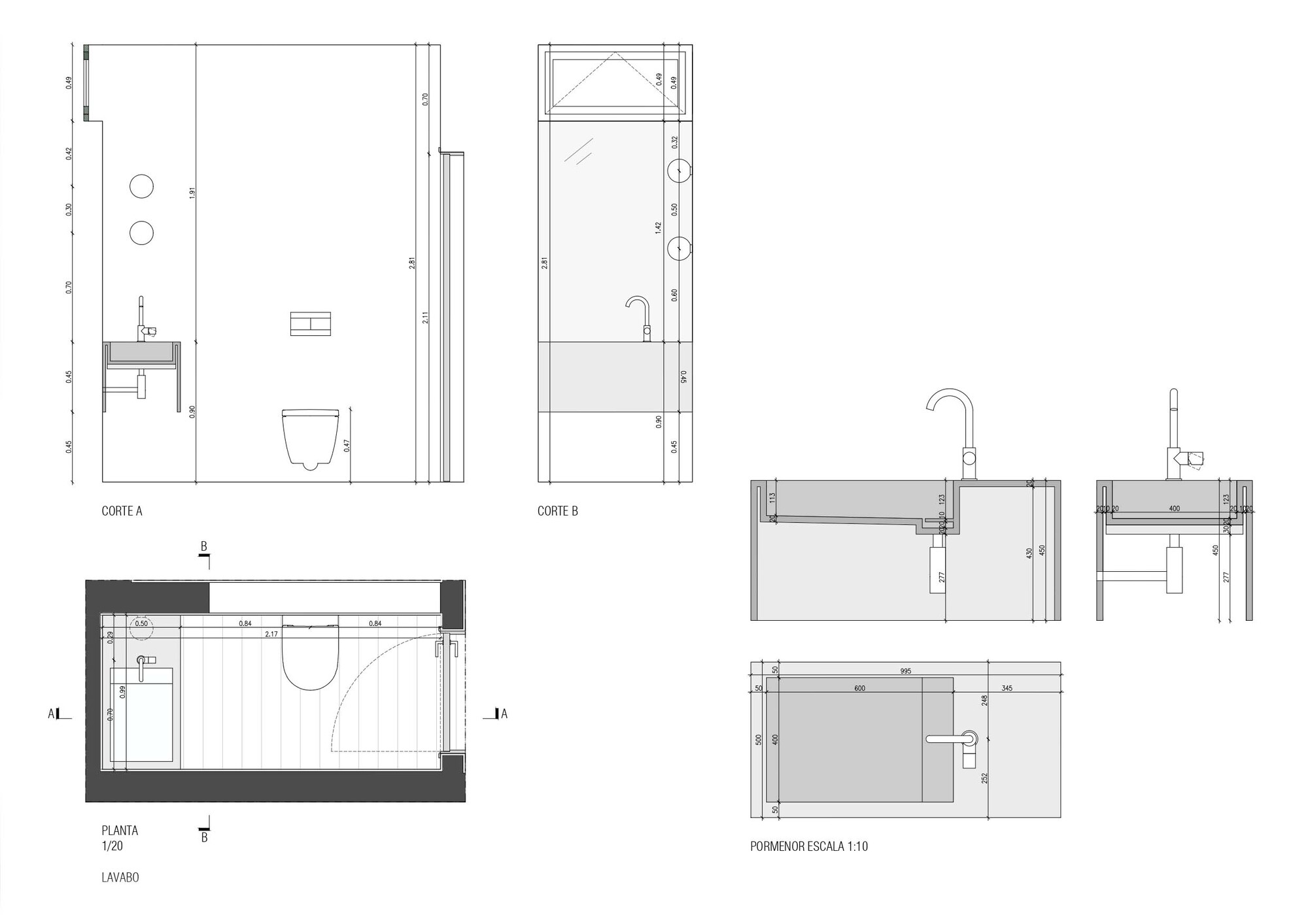 Technical drawings showing bathroom layout in plan, section and elevation with sanitary fixtures and tiled surfaces