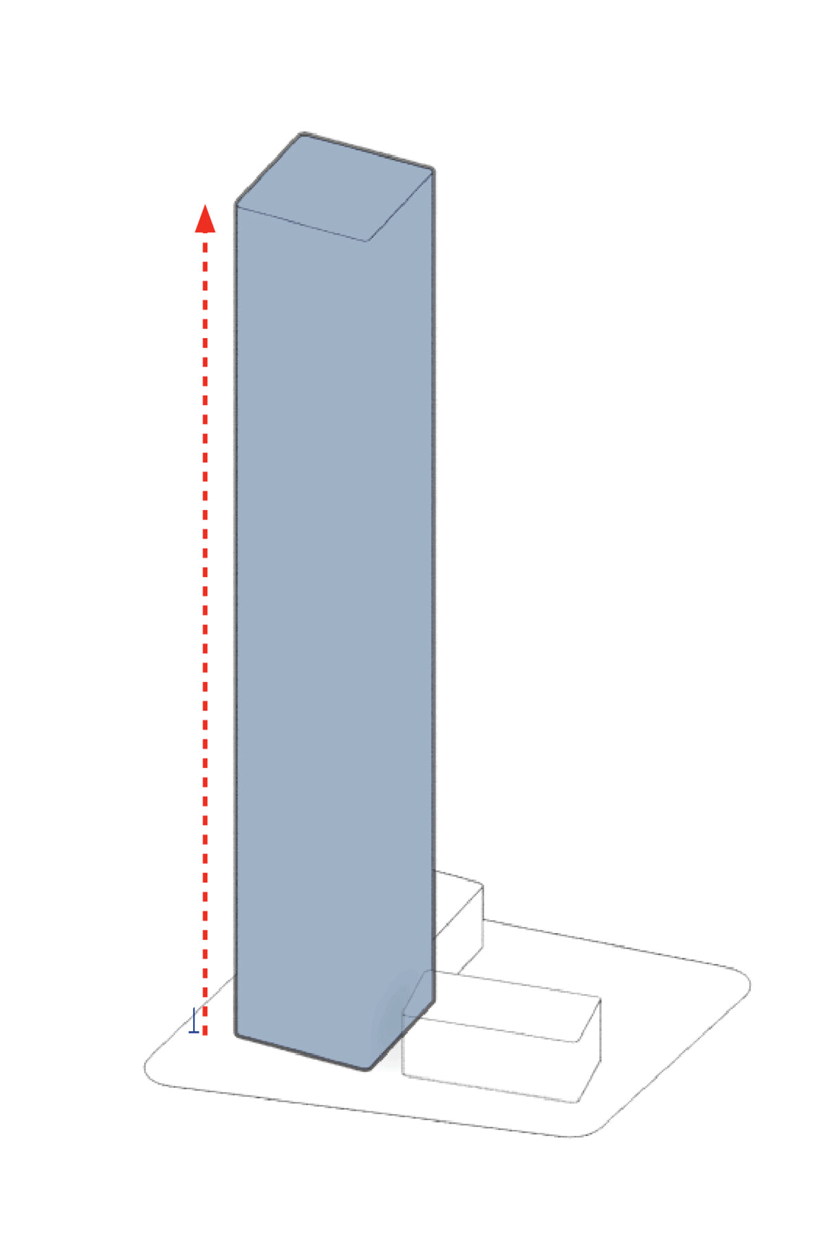 Isometric drawing of a slender tower volume rising from a stepped base with a height indicator