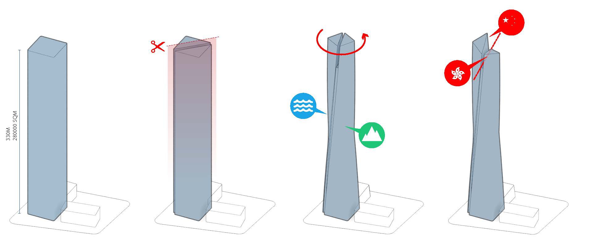 Diagram sequence showing tower form variations with angular cuts and program symbols