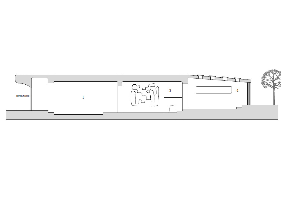 Section drawing showing a linear sequence of four interior spaces with a tree at one end