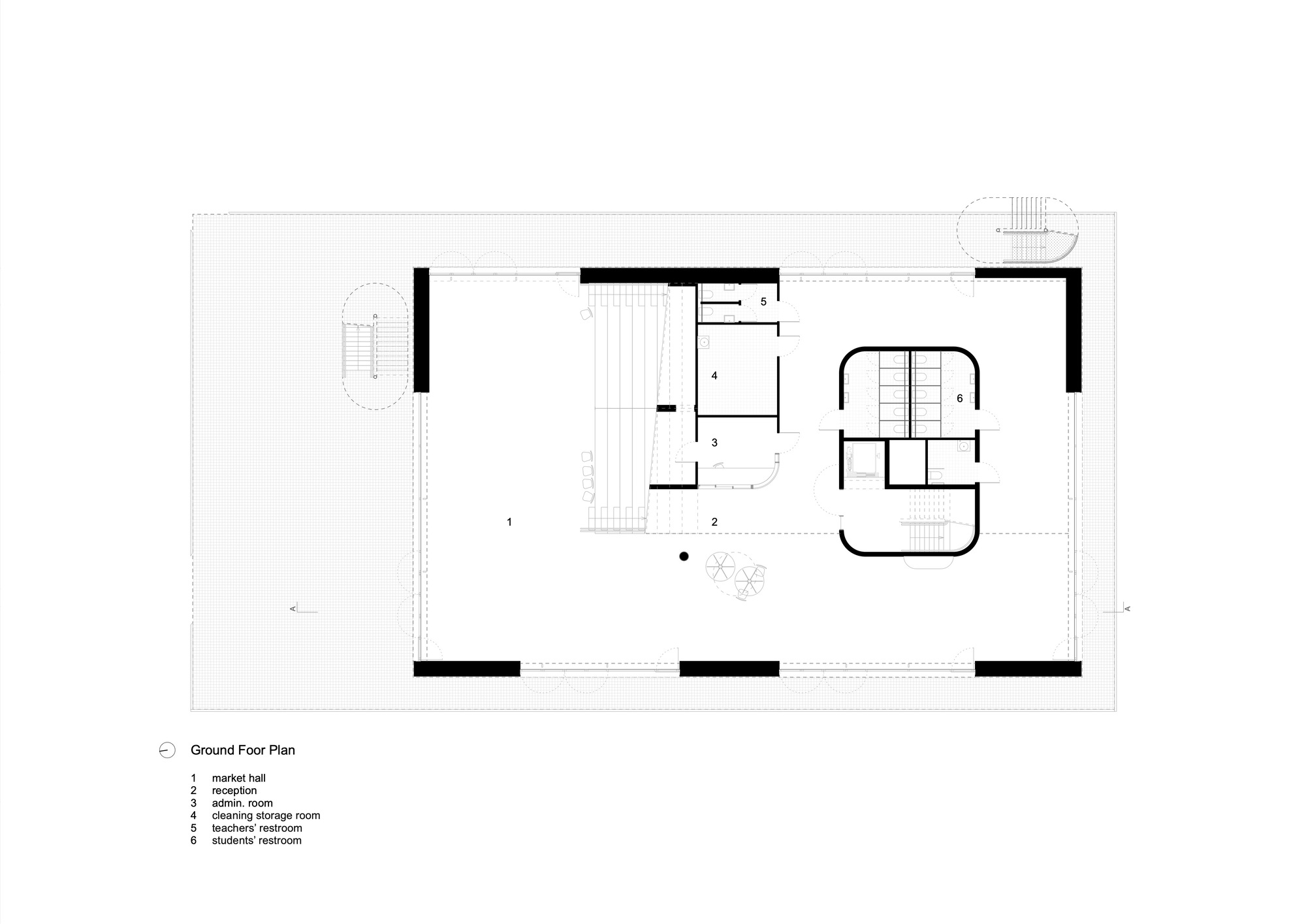 Ground floor plan drawing showing the entry hall, reception, multipurpose space, and central stair with external stair indicated