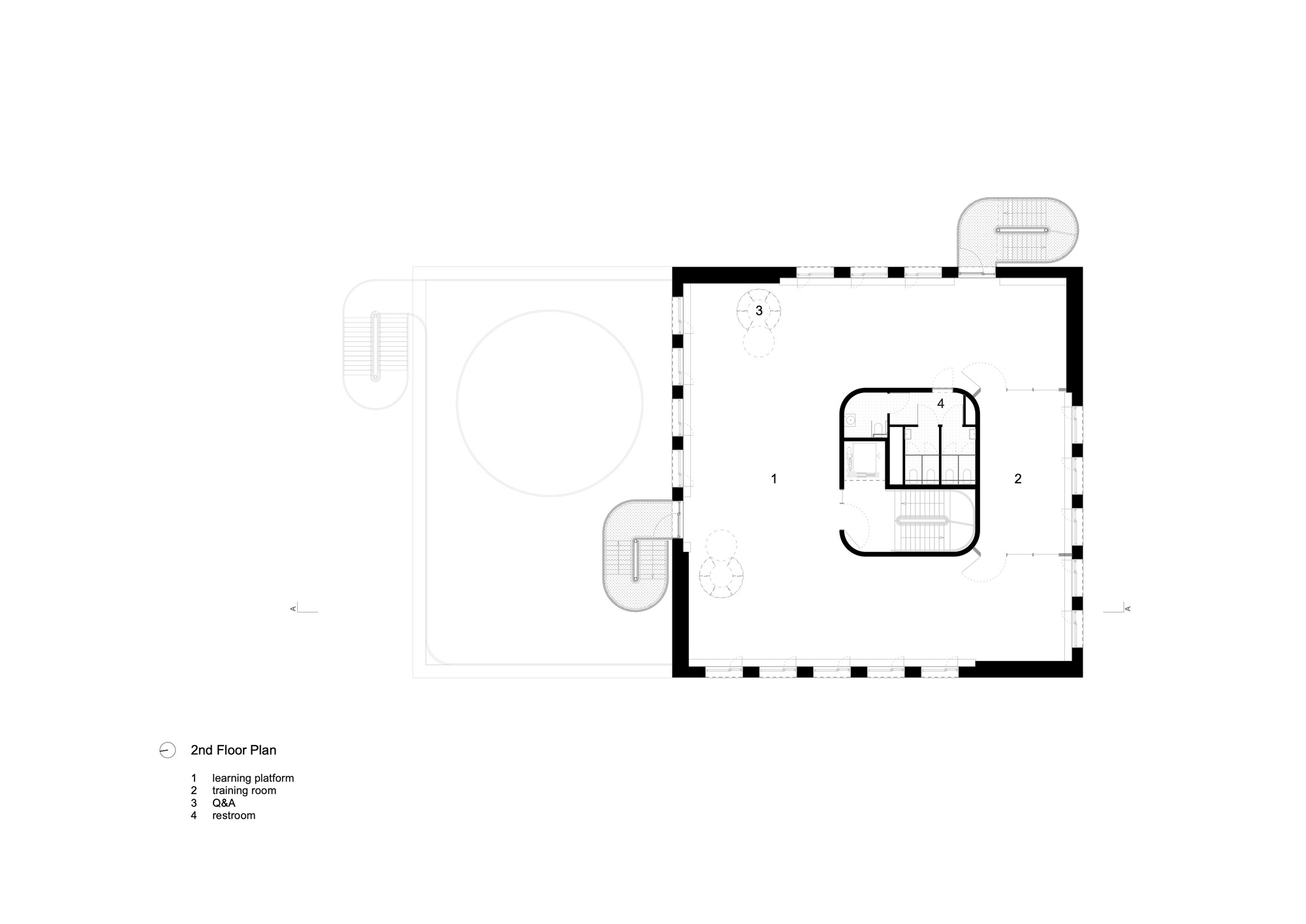 Second floor plan drawing showing the open learning platform with circular element and spiral stair below the terrace