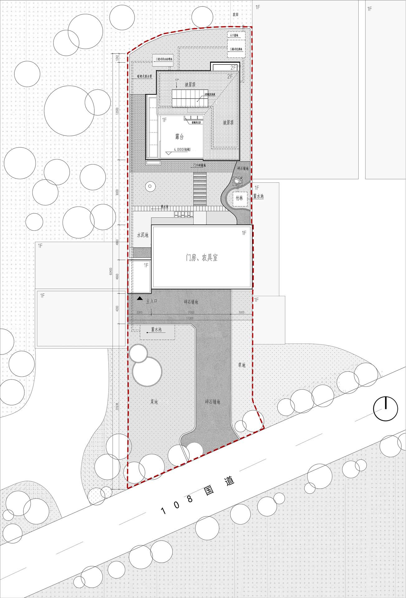 Site plan showing building footprint on an irregular plot with trees and access road
