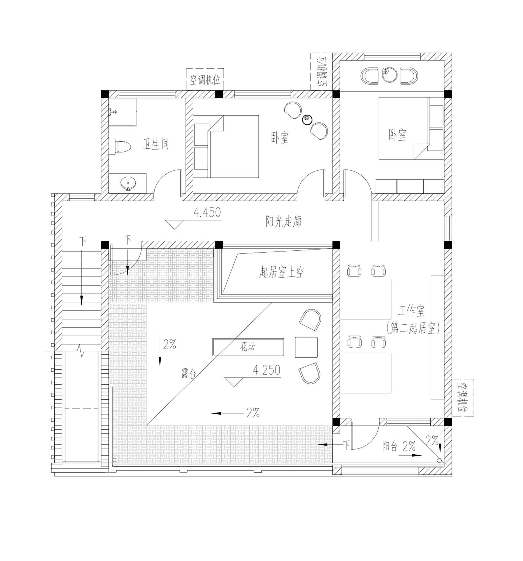 Floor plan drawing showing upper level with terrace, staircase, study workspace and bathroom