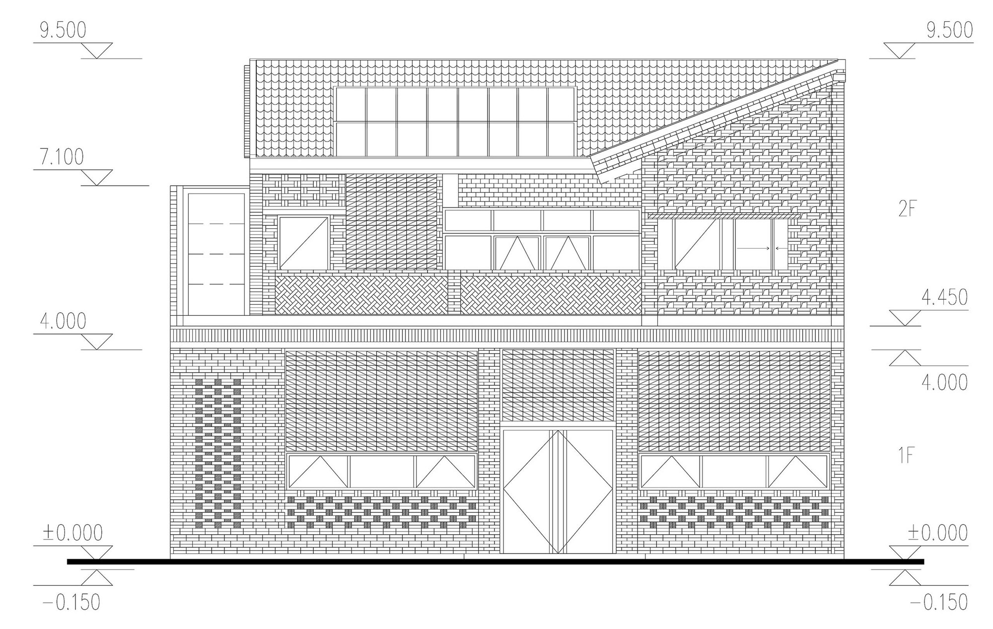 Elevation drawing showing two-story facade with varied brick patterns and window configurations