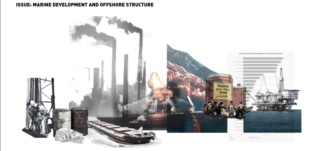 Marine development and offshore impact diagram highlighting oil infrastructure, pollution, and ecological consequences.
